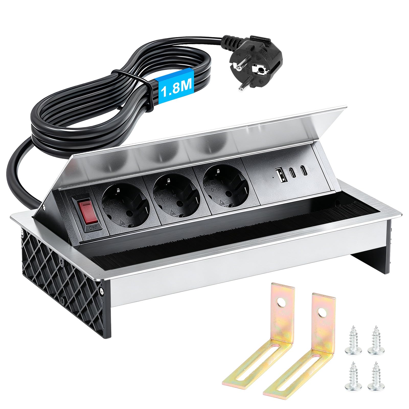 CPROSP Gniazdko na biurko, wpuszczane, 3-krotne, sprawdzone przez VDE z USB (1A+2C), składane gniazdko z uszczelką szczotkową i regulowanym kątem, aluminiowe gniazdko do zabudowy, do blatu/kuchni