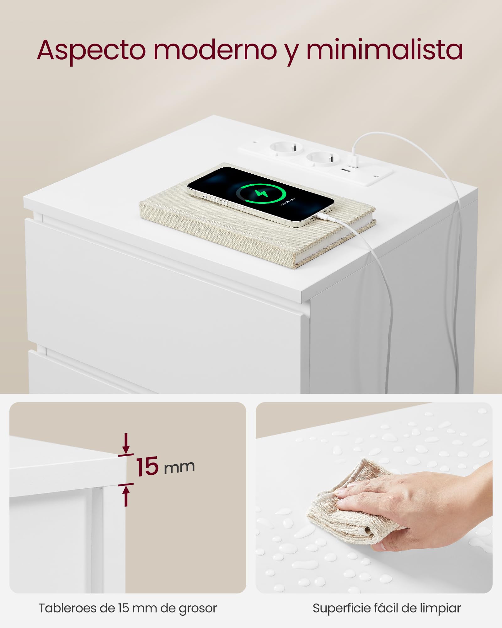 VASAGLE Kailyn Colección - Mesita de Noche con Estación de Carga, Mesa Auxiliar con 3 Cajones, 2 Tomas AC, 2 Puertos USB, Salón, Dormitorio, Estudio, Blanco Nube LET631W14V2