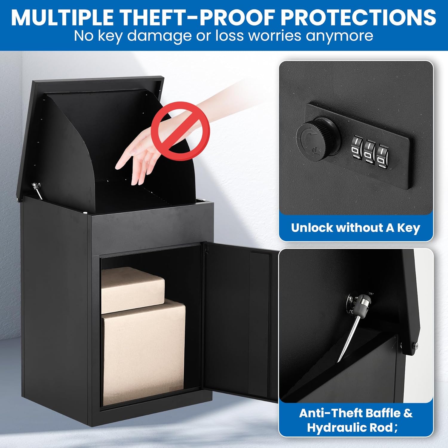 Package Delivery Boxes for Outside, Extra Large Parcel Drop Boxes with Lock, Anti-Theft Galvanized Steel, IPX3 Waterproof Weather Resistant Mailbox for Porch Fence Curbside (23.2"L x 18"W x 43.7"H)