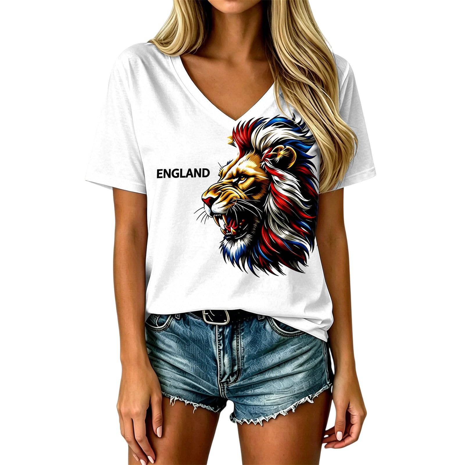 HOOUDO Womens England Football Shirt World Cup 2026 Short Sleeve Jersey Retro Graphic Printed V Neck Training Tops Breathable Lightweight Ladies Soccer T-Shirt Athletic Shirts