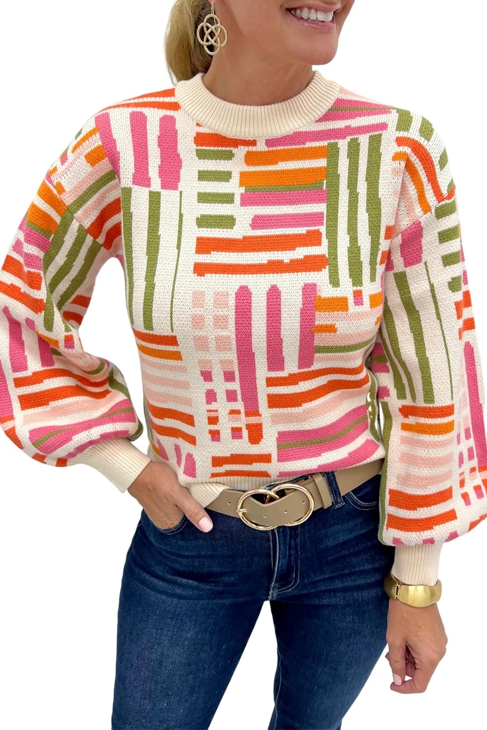 Urchics Womens Casual Sweater Rose Love Lines Pattern Crew Neck Puff Sleeve Sweater