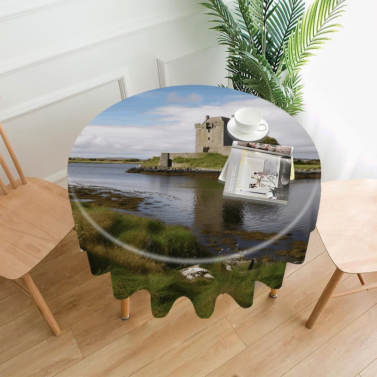 FodPand View of The Dunguaire Castle Round Tablecloth - 60 Inch Premium Polyester Table Cloth, Fashion Wrinkle Resistant Decorative Table Cover for Dining Kitchen Party Buffet Tables