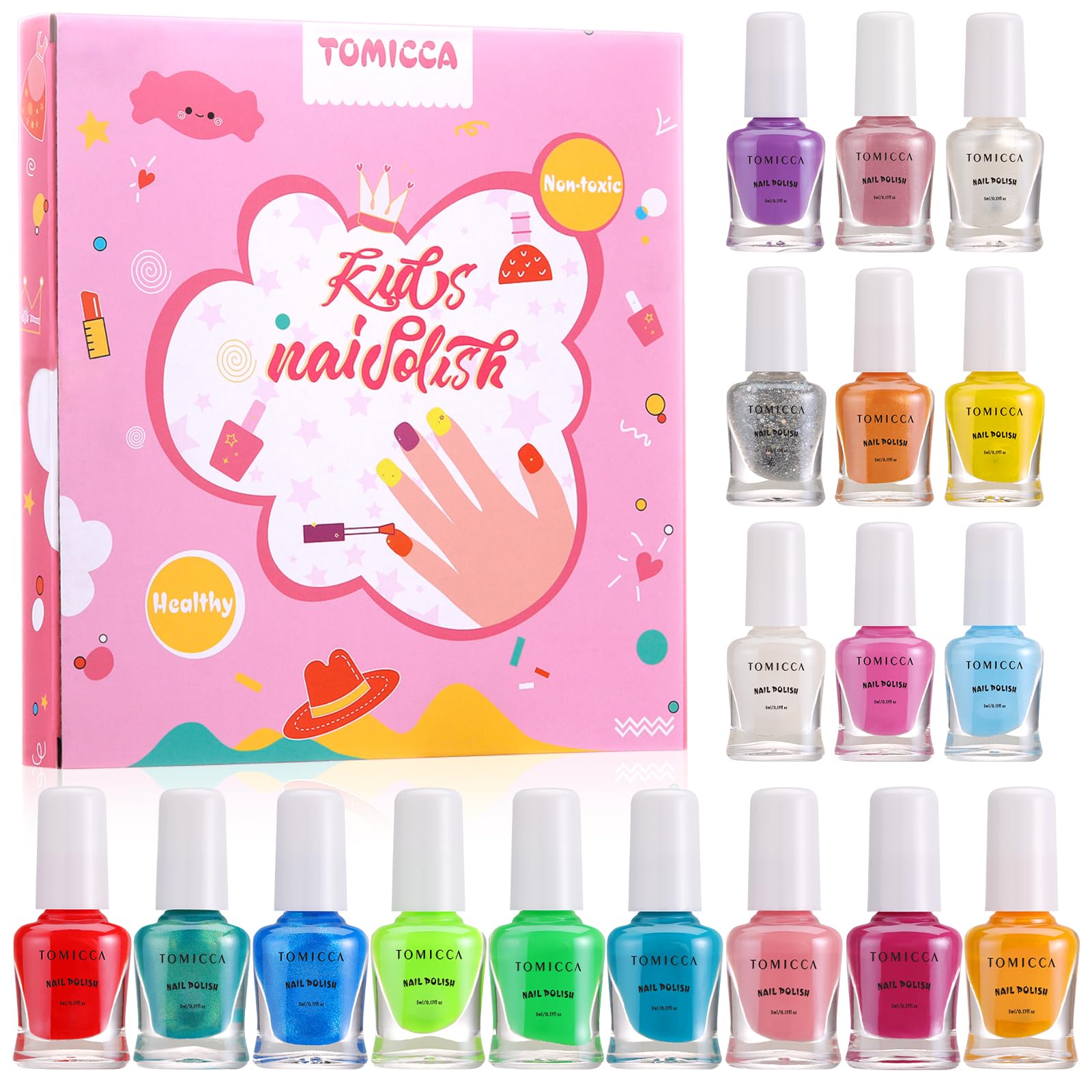 TOMICCA Kinder Nagellack Set 18 Farben Ungiftig Geruchlos Peel Off Aqua Kindernagellack Schnell Trocken Nagellack Geschenke Kit für Mädchen Geldgeschenk Weihnachten Kinder