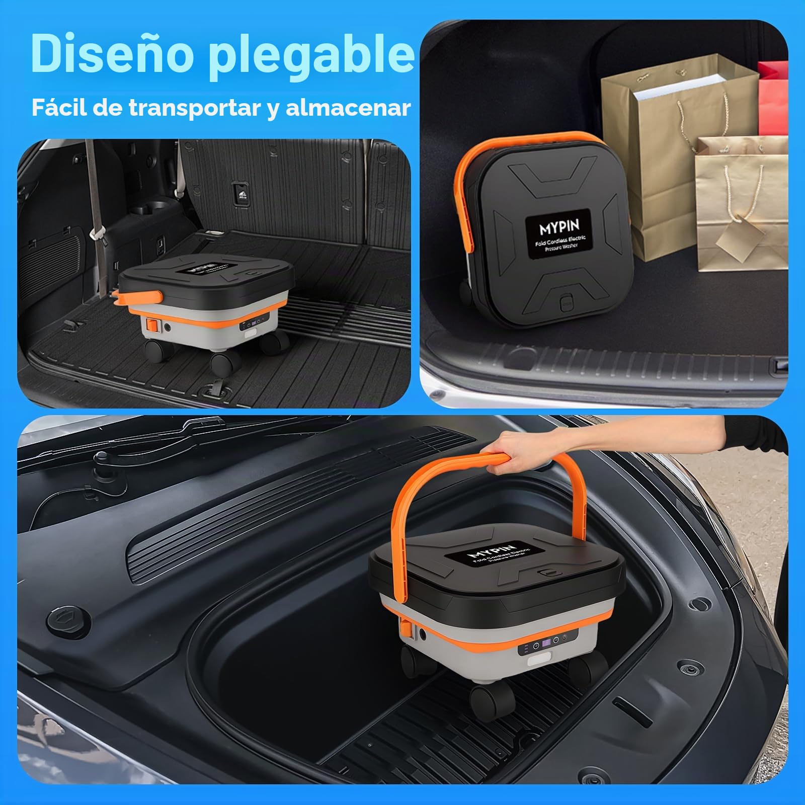 MYPIN Hidrolavadora Portátil 13L Tanque, 7 Presiones Ajustables Máx. 660PSI | Boquilla 6-en-1, Manguera de 7M, Limpiadora Portátil con Ruedas para Coches, Suelos, Paredes, Vallas y Mascotas
