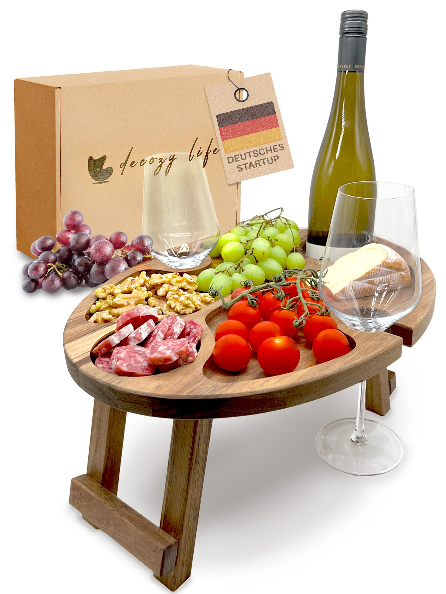 Decozy Life Weintisch Akazie Massivholz - Weinbar & Weintablett für Zuhause oder Outdoor - geeignet als Picknicktisch klappbar - Nutzbar als Weinhalter & Ideal als Strandtisch & Picknick Zubehör