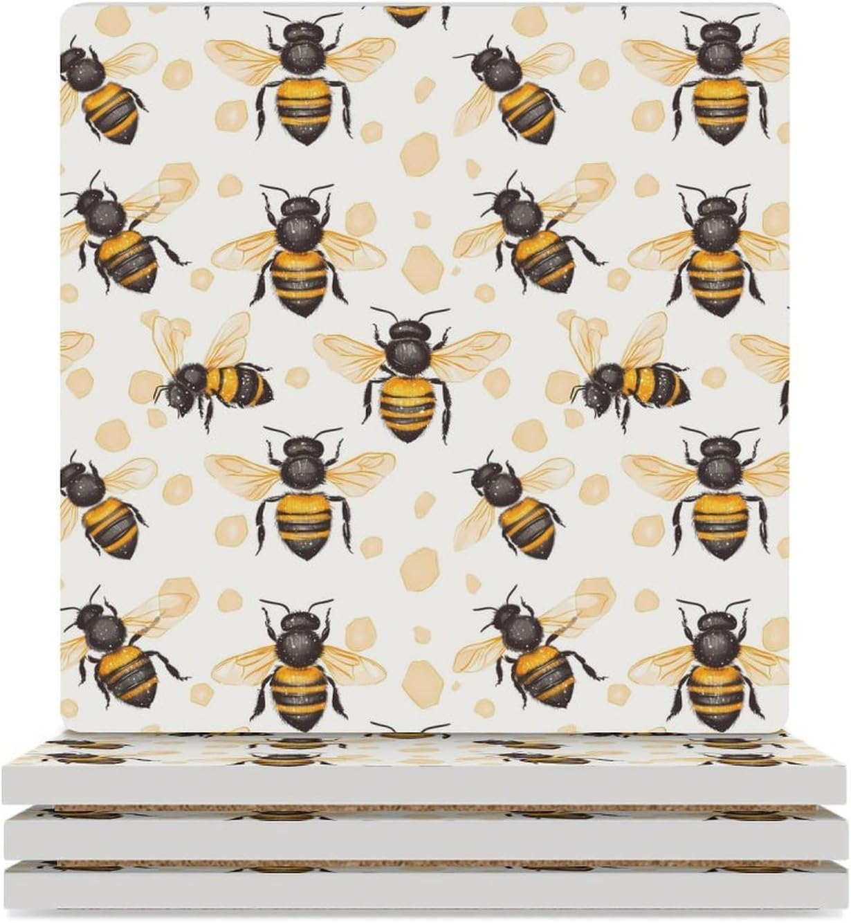 Honey Bees Funny Ceramic Coasters for Drinks Absorbent Cup Holder Tabletop Protector with Cork Base