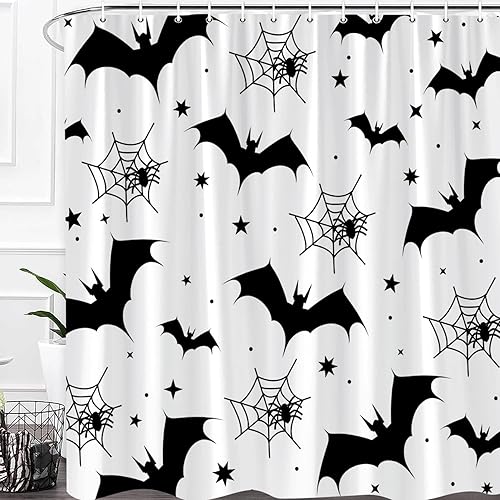 Miniatura 2 de Cortina de ducha aterradora de Halloween, diseño de murciélago blanco y negro, moderno y divertido, para decoración de baño, juego de cortinas con