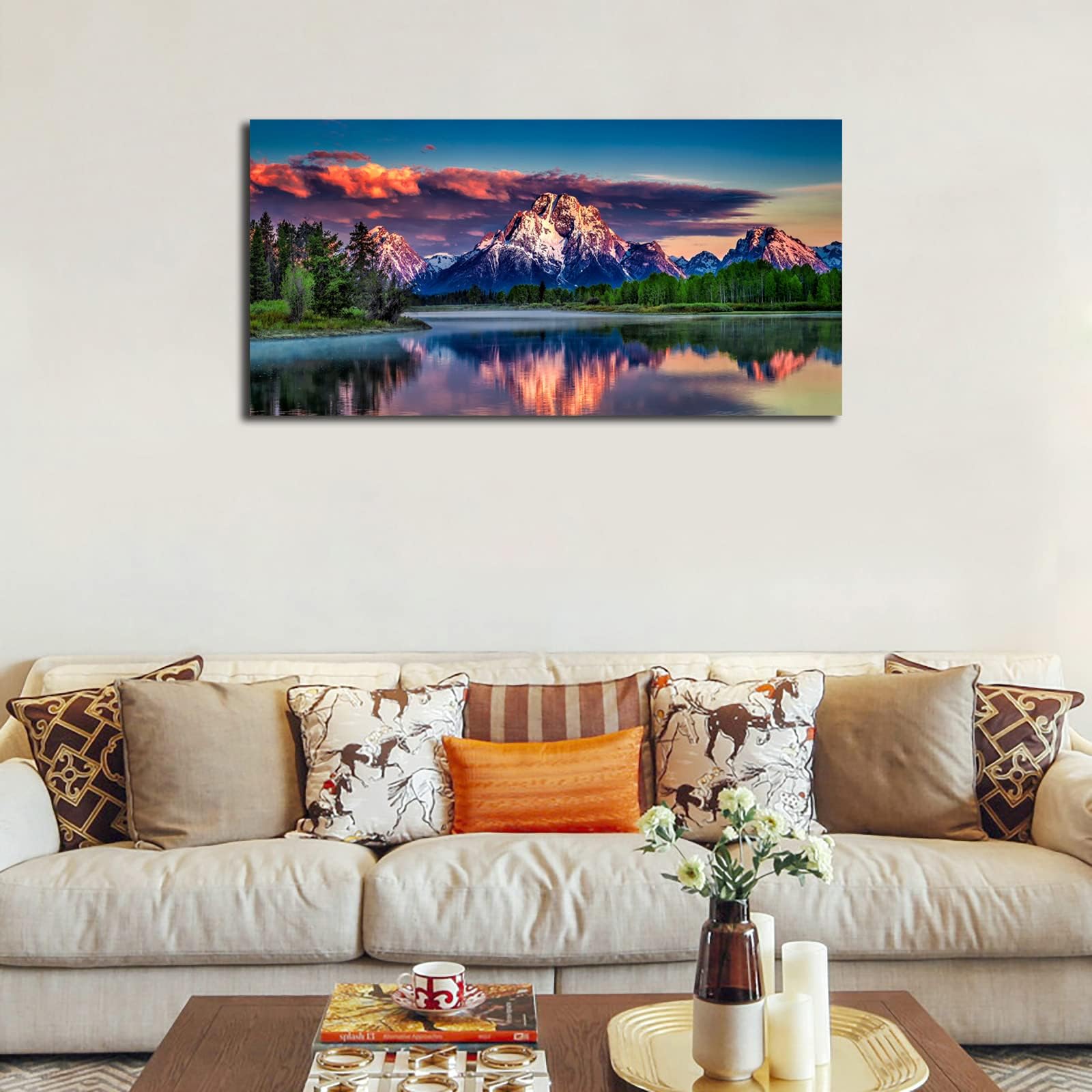 Aefouu No Frame Sunset Landscape Canvas Wall Art For Living Room Grand Teton Wyoming National Park Picture Wall Decor Prints Artwork(30X60cm/12X24in/Frameless)