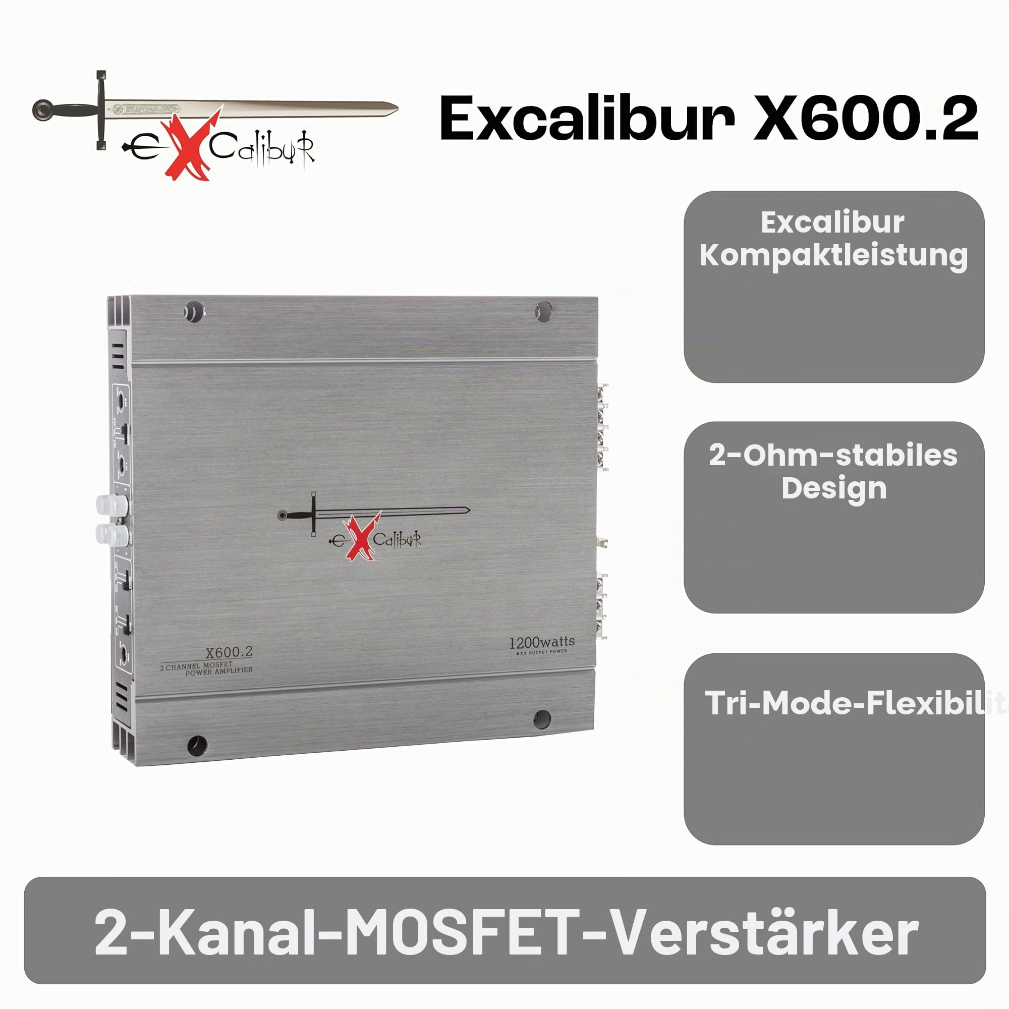 Excalibur X600.2 - Auto Verstärker 2 Kanal - 2X 600 Watt Mosfet HiFi KFZ Endstufe mit Bass-Boost - 1200 Watt Maximum - 2 Ohm Variable Frequenzweiche.