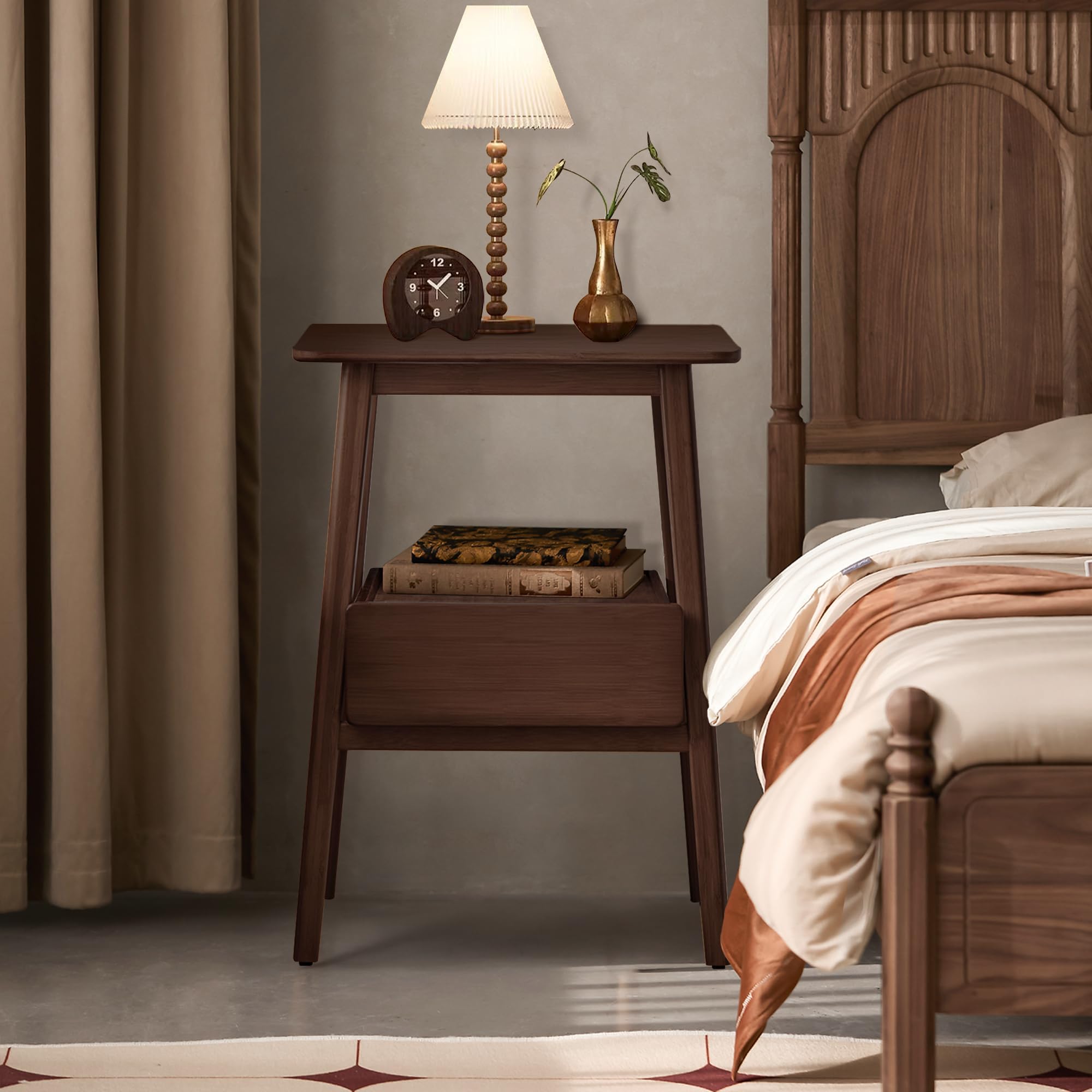 JIKUGO Nightstand Mid Century Modern and Drawers Display Cabinet for Bedroom Bamboo Bedside Tables 21.9x15.8x14.2in with USB Charging Port Night