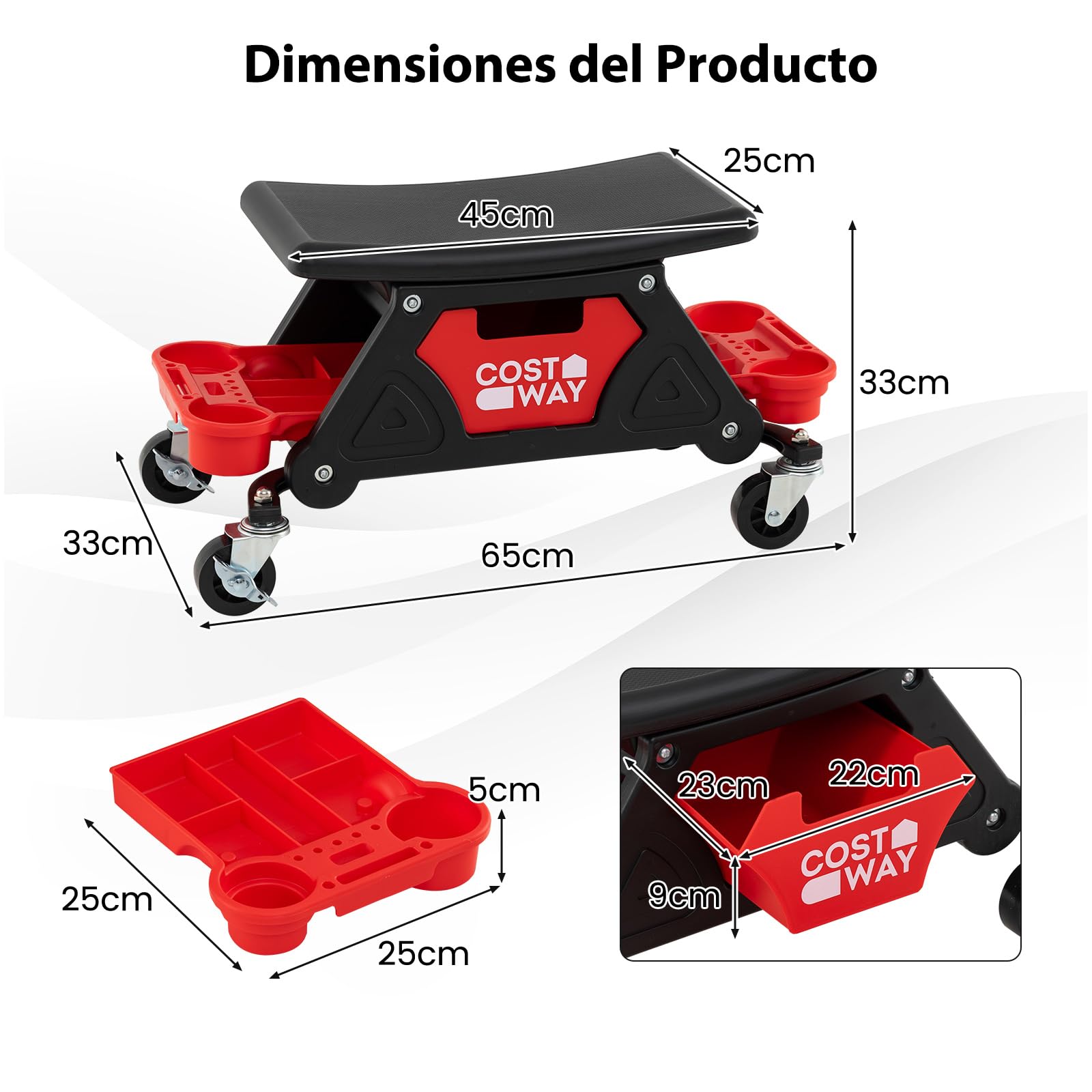 COSTWAY Taburete de Taller con Ruedas, Taburete Mecánico con Ruedas, Cajón Deslizante y 2 Bandejas Compartimentadas, Asiento Automotriz para Reparación de Autos, Capacidad de 135KG