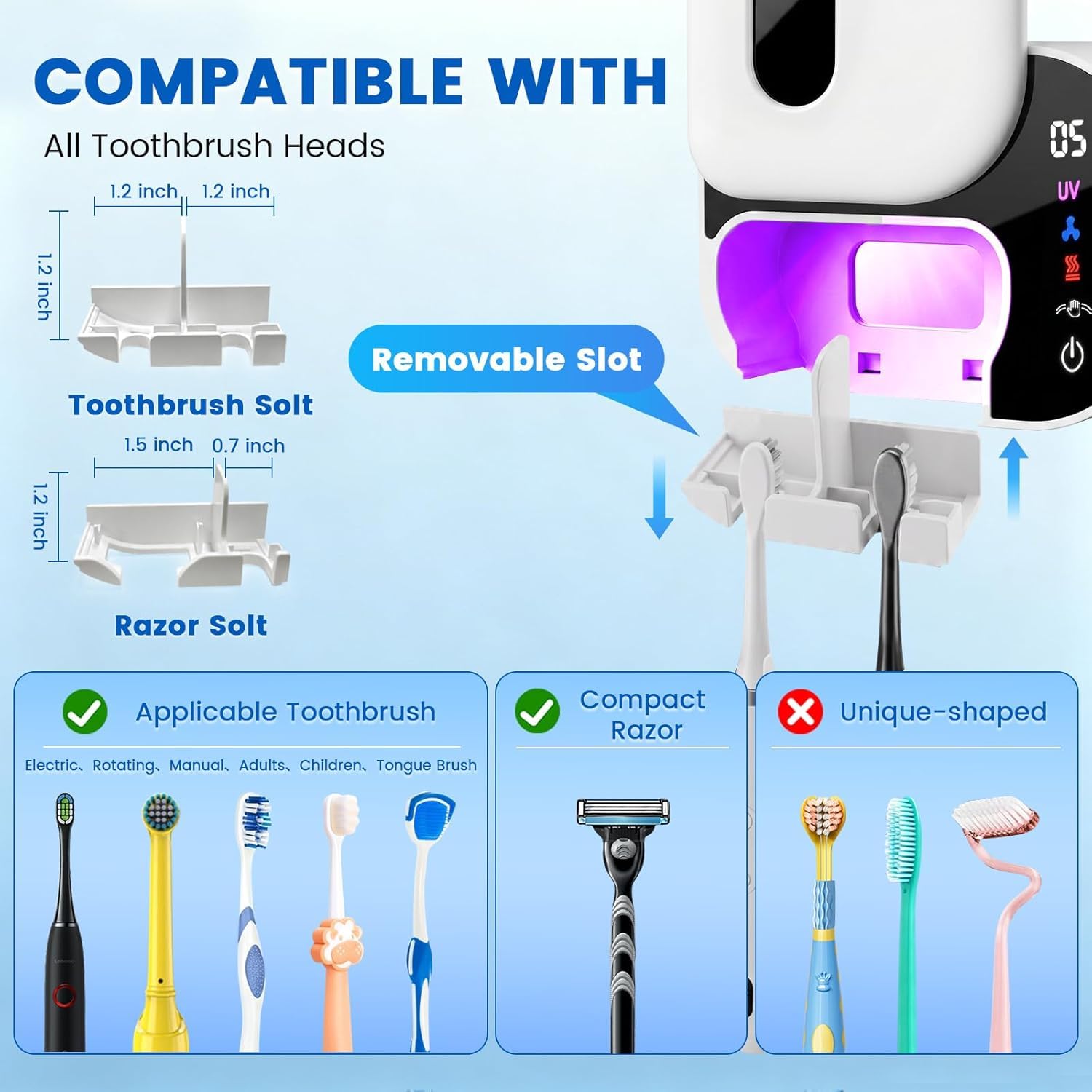 Maxspace Disinfettante UV per spazzolino da denti, portaspazzolino elettrico da parete con asciugatura, portaspazzolino senza foratura, con 2 fessure (bianco-quadrato, standard)