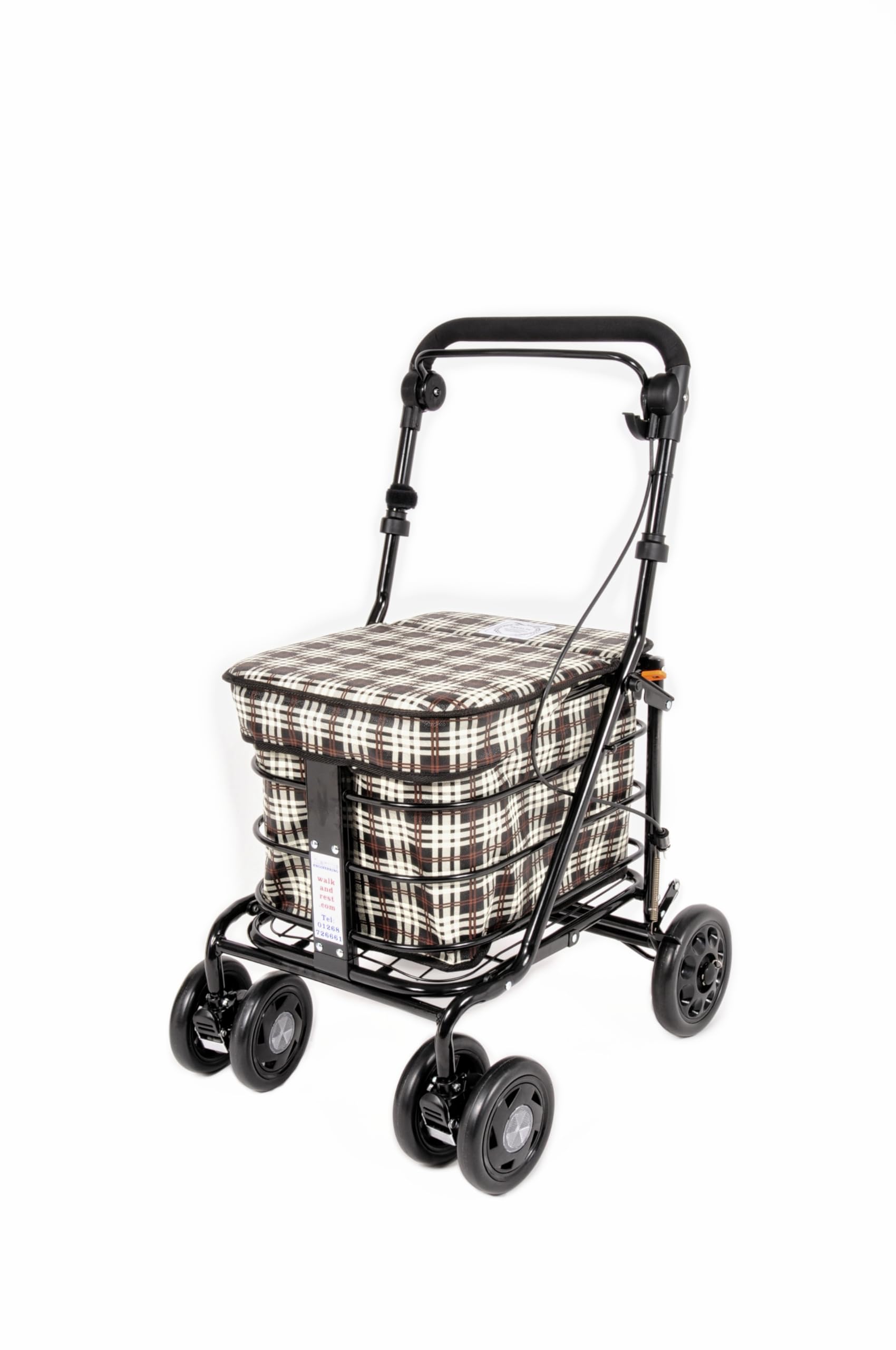 Walk And Rest Brown Tartan Walking Trolley/Shopping Trolley With Seat/Seated Mobility Trolley/Stroller/Rollator (Fully Assembled Ready To Use!) Folding With Handbrake 6 Wheels And Seat (Brown Tartan)