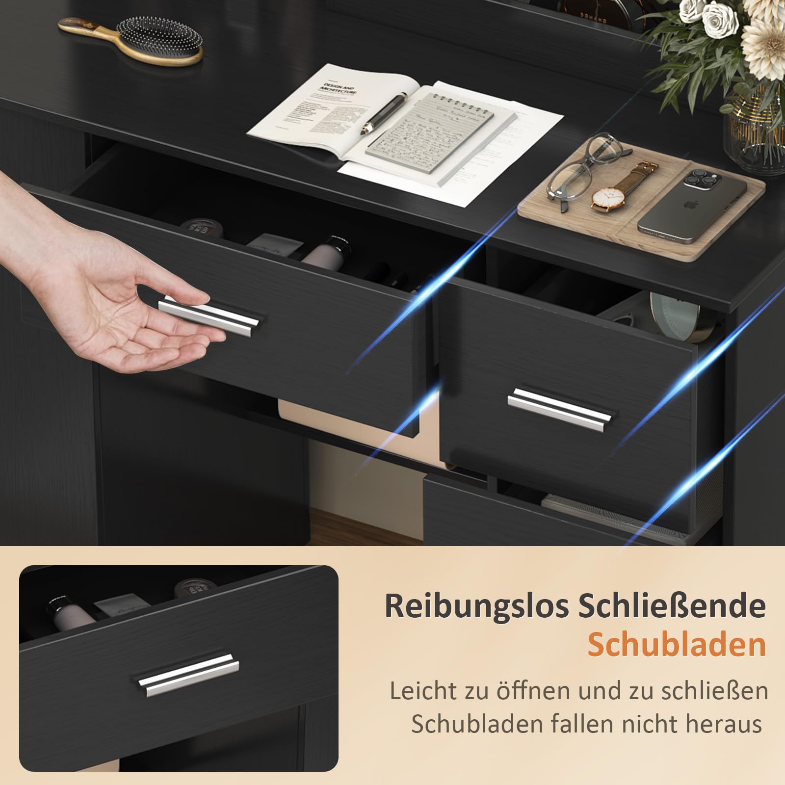Schminktisch mit Beleuchtung Schwarz, Kosmetiktisch mit LED Spiegel und Licht und Stauraum, Frisiertisch mit 4 Schubladen, 2-stöckiger Beistellschrank Als Nachttisch, 90 cm Make Up Tish
