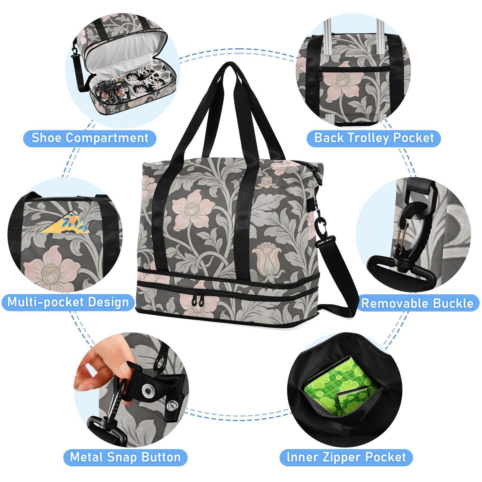 William Morris - Bolsas de lona gris con bolsillo húmedo con correa ajustable, bolsa de entrenamiento deportivo para yoga, impermeable, para hombres y mujeres