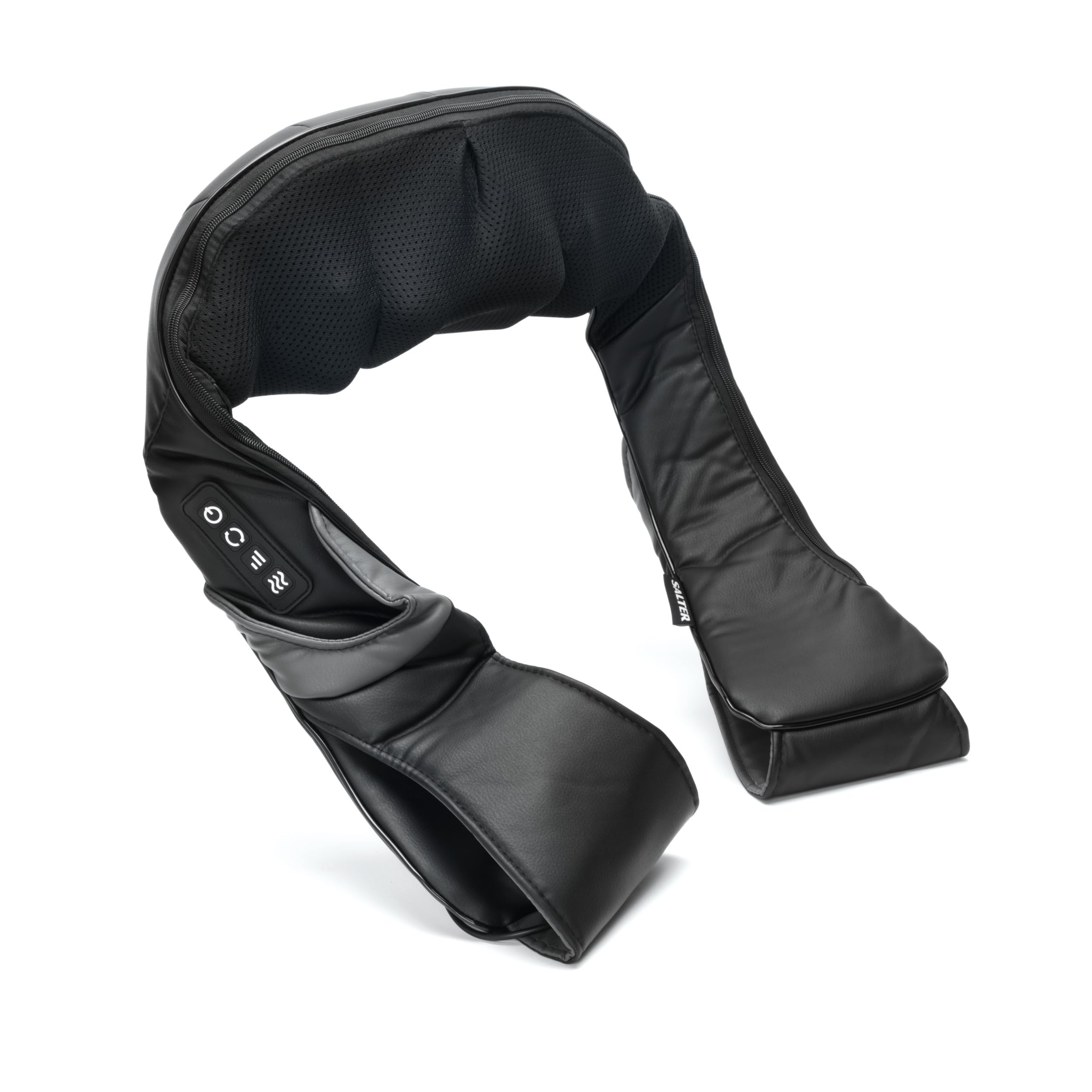 Salter EE6934BLKSTKEU7 Masazer do karku i pleców z funkcja grzania, gleboki masaz Shiatsu, 3 predkosci/intensywnosci, 4 glowice masujace, rozluznienie miesni karku, szyi, ramion, adaptery EU i UK