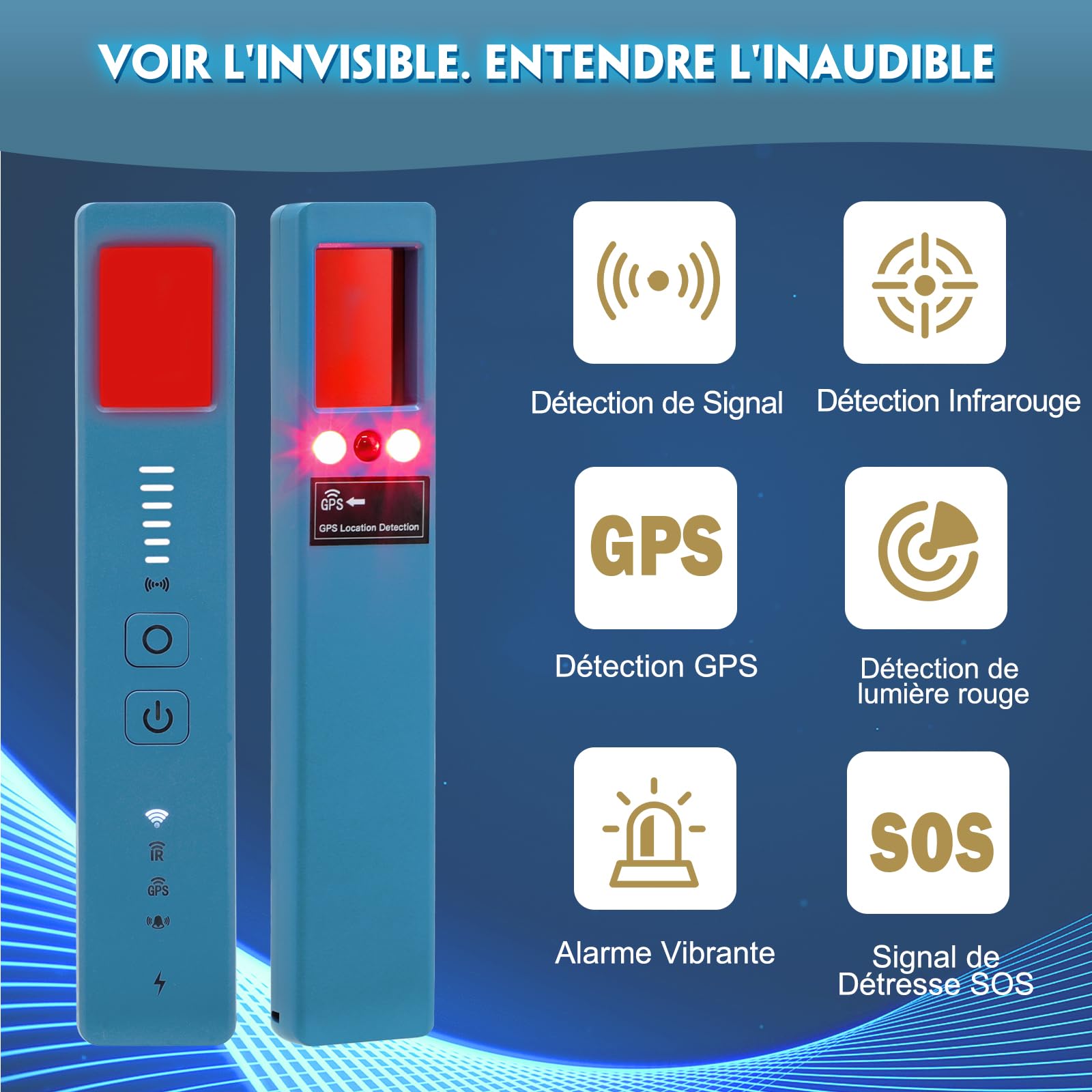 Détecteur de Caméra Cachée et Micro Espion – 5 en 1 avec Détection RF, 6 Niveaux de Sensibilité, Alarme Anti-Traceur GPS – pour Maison, Bureau, Hôtel, Voyages