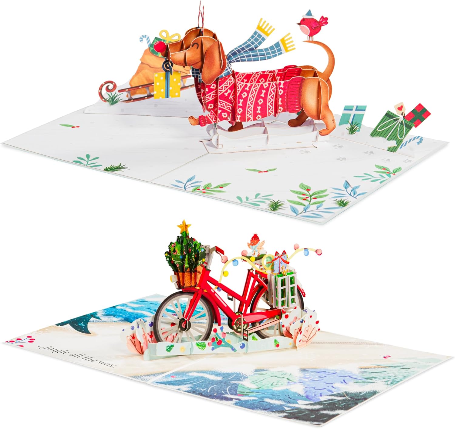 Paper Love Christmas Bundle Pop Up Cards 2 Pack - Includes 1 Woofy and 1 Christmas Bike, For Christmas or Holiday Greetings - Includes Envelope and Removable Note Tag