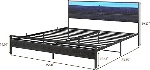 Miniatura 2 de Base de cama de tamaño King con cabecera de almacenamiento/luces LED, base de cama King con estación de carga, marco de cama negro, no necesita
