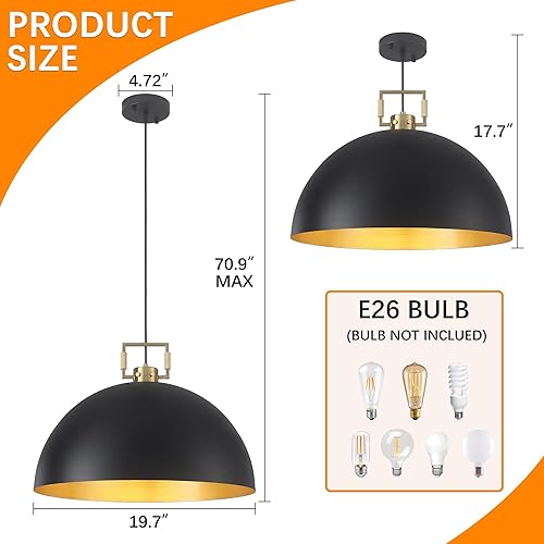 Miniatura 2 de Lámpara colgante vintage de 19.7 pulgadas, lámpara colgante industrial de cúpula negra y dorada, lámpara de araña grande para isla de cocina,