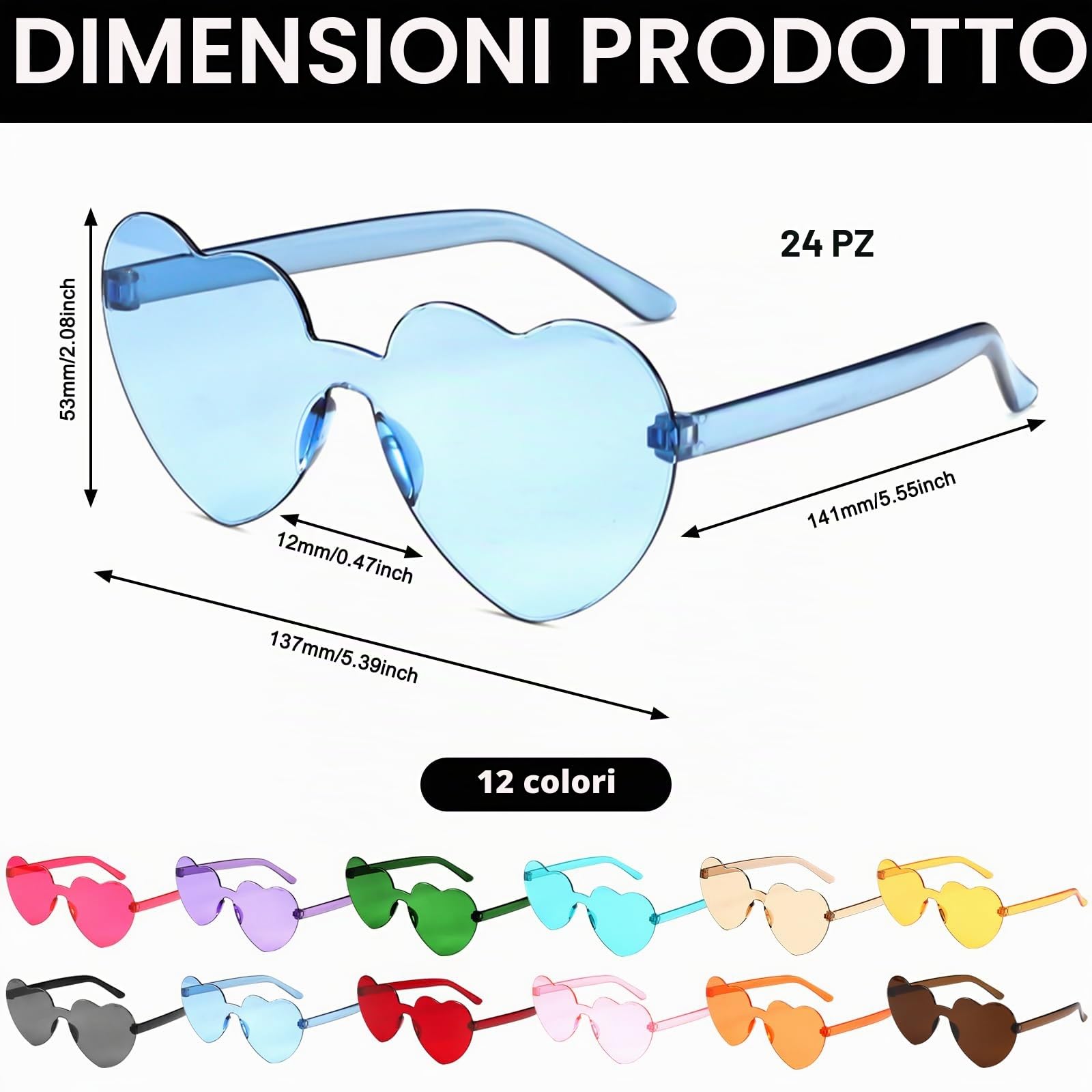GOMETY 24 occhiali da sole senza bordi, a forma di cuore, per carnevale, feste in spiaggia, Natale, 12 colori
