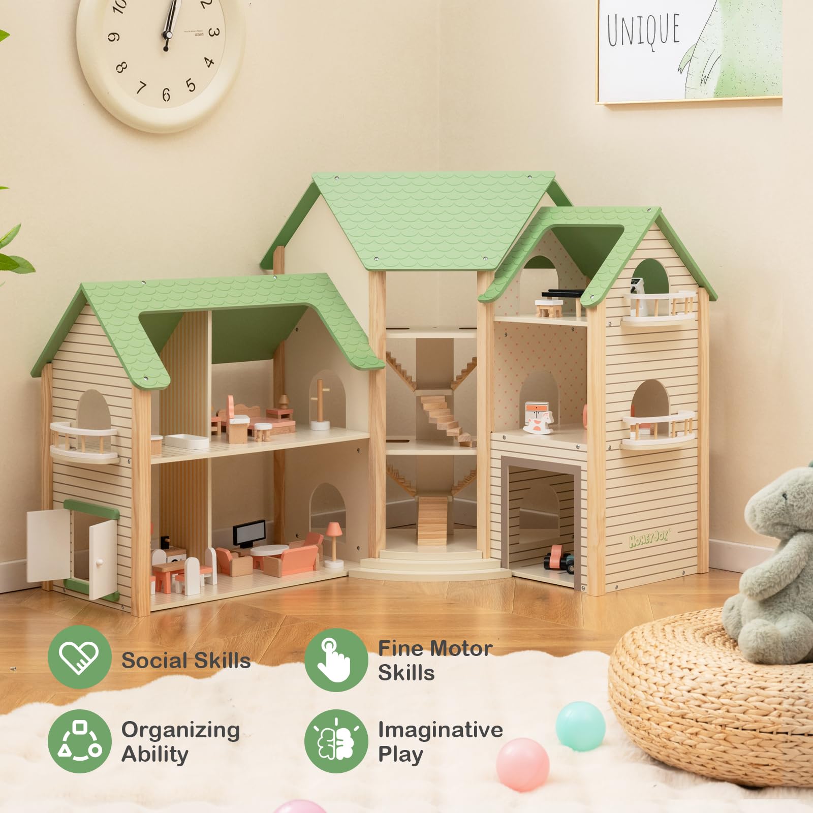 HOMASIS Casa delle Bambole in Legno per Bambini con Scale e Balconi Integrati, Casa delle Bambole d'Angolo con Tetto Verde 36 Mobili e Accessori, Casa da Gioco per Bambini 3+ Anni