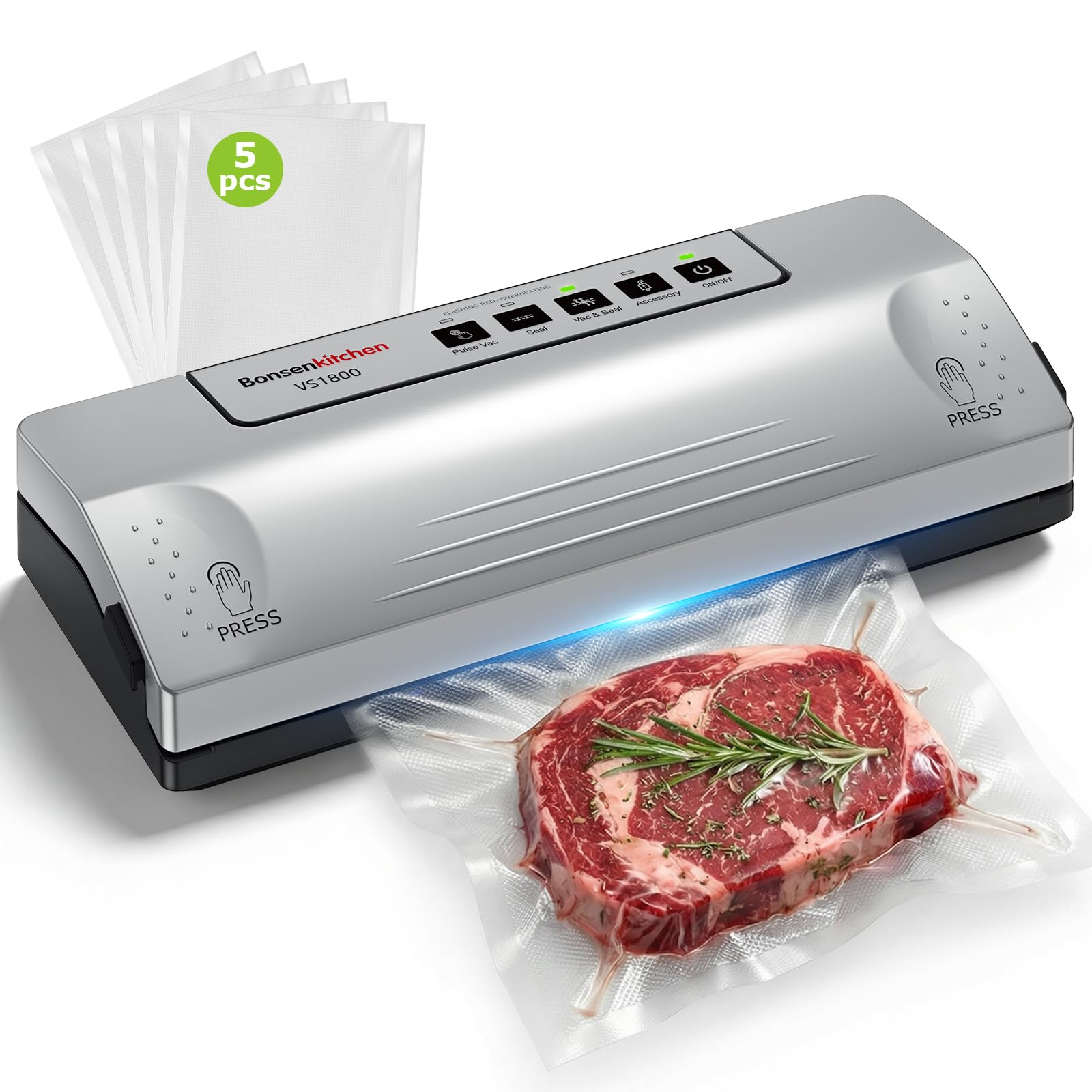 Bonsenkitchen Vakuumierer Folienschweißgerät, Hält Lebensmittel bis zu 6-mal Länger Frisch, Ideal für Sous Vide-Garen, Inklusive Vakuumbeutel