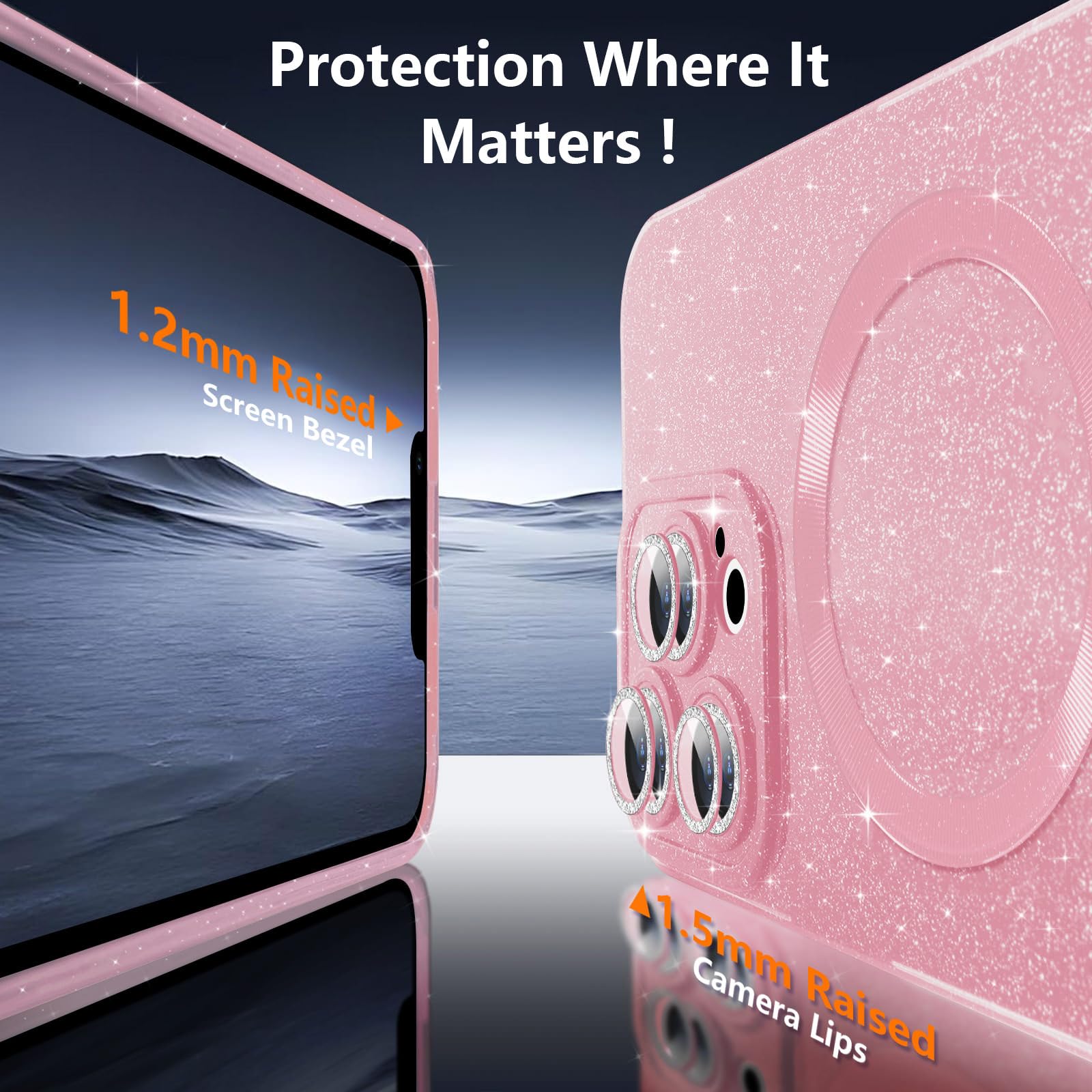 Micoden Glitzer Hülle Für IPhone 13/14 - Mit Abnehmbarer Glitzerkarte, Strass-Diamanten, Rosa