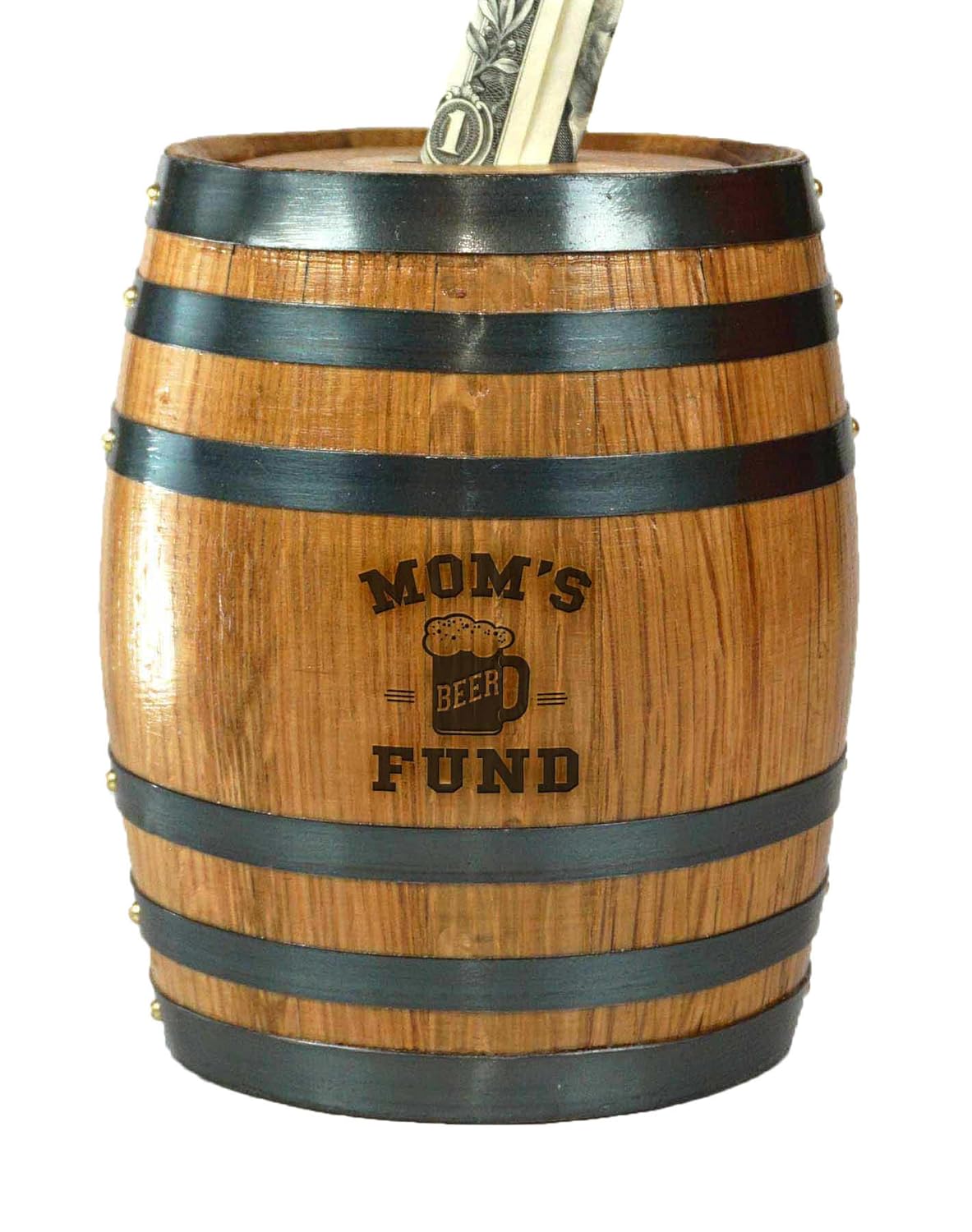Handmade Oak Barrel Adult Piggy Bank - Beer Fund Engraved Money Saver for Real Cash, Bills & Coins - 6.5 x 4.5 x 4.5 inches - Wooden Piggy Banks Coin Barrels for Adults