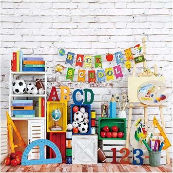 Kate 6.5x6.5ft Back to School Backdrops for Photography Baby Love Study Background Books Stationery Football Backgrounds White Brick Wall House Wallpaper Decoration Backdrop