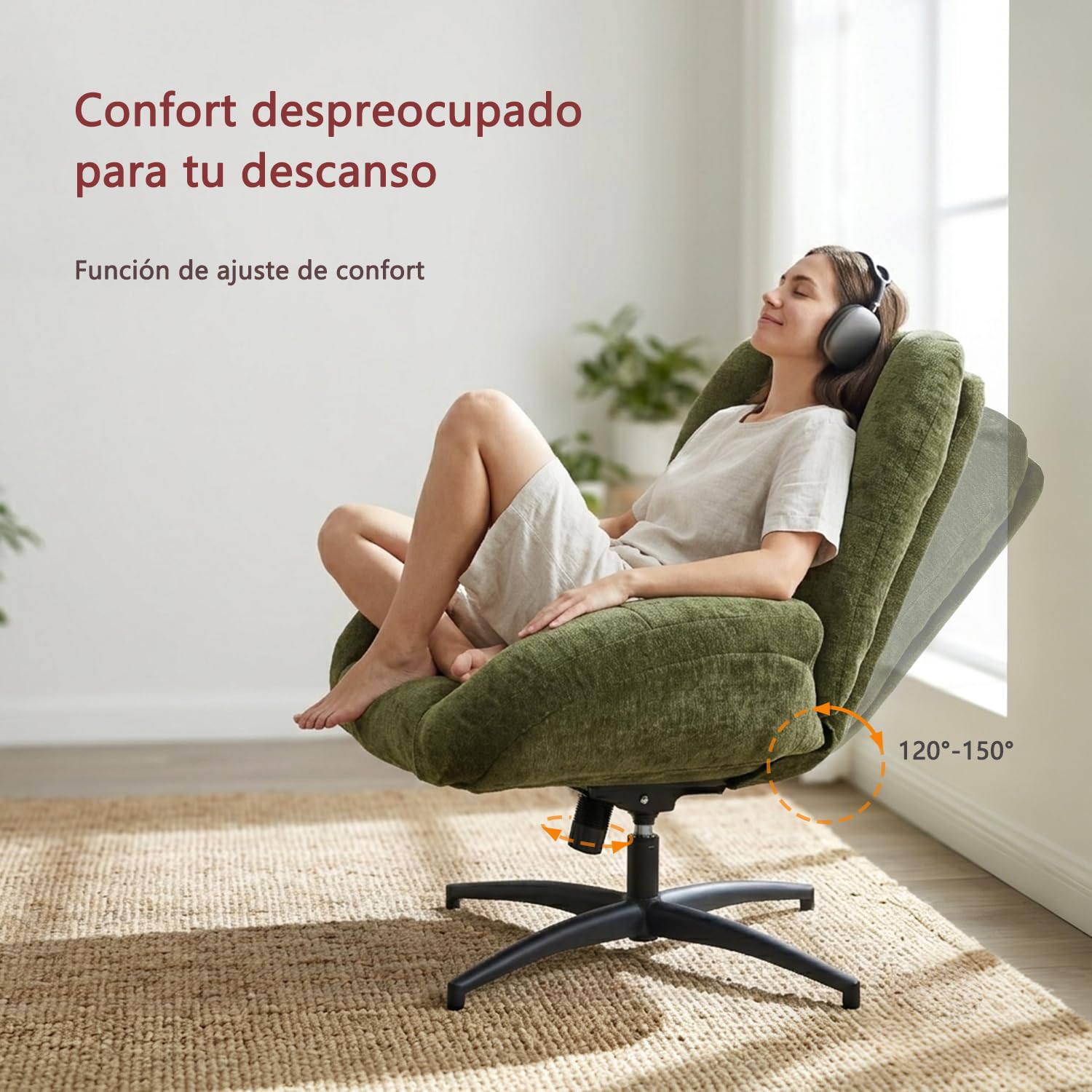 MEUBLE COSY Sillón Giratoria Butaca de Salón con Altura Ajustable Función de Inclinación, Silla Lectura con Tapizado en Tela de Chenilla, Verde