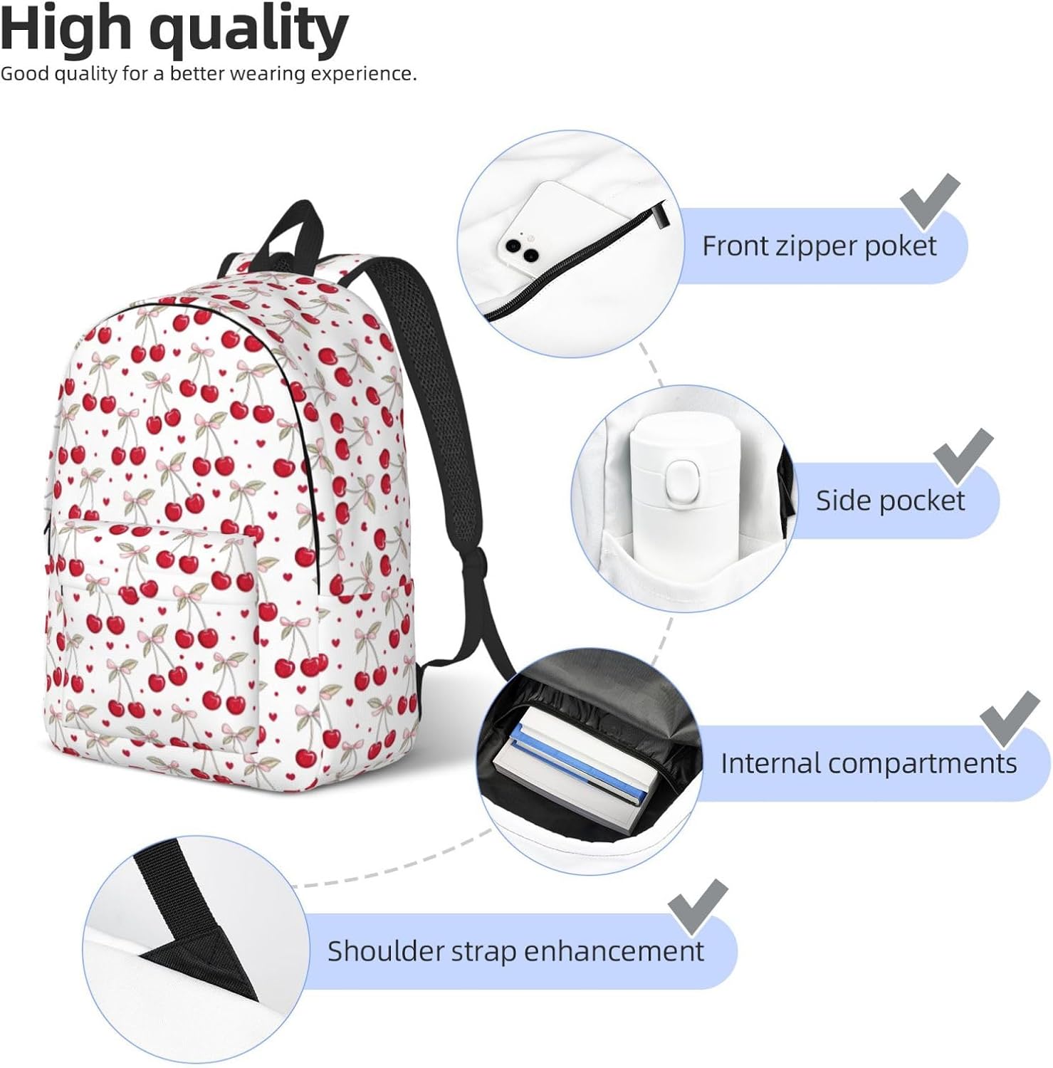 Cute Print Cherry Backpack For Girls Boys Women School Bag Lightweight Canvas Bookbag For Travel Outdoor Camping (Cherry backpack white)