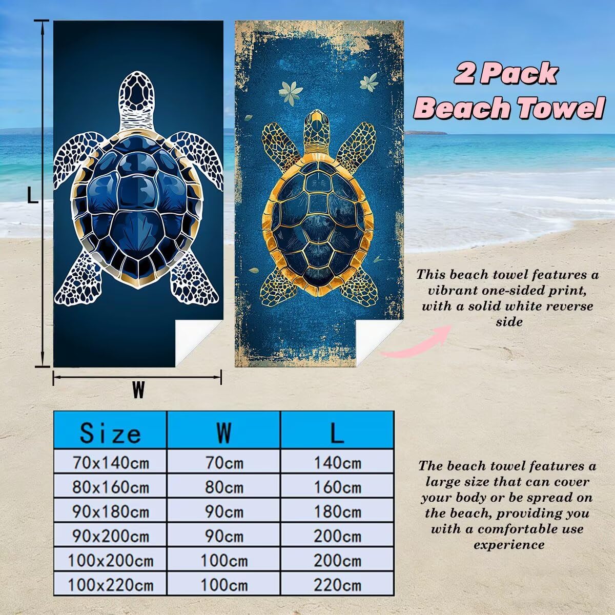 Ręcznik plażowy z mikrofibry, duży ręcznik plażowy 80 x 160 cm 2 sztuki, męski damski ręcznik gimnastyczny, odporny na piasek ręczniki plażowe, szybkoschnące ręczniki plażowe z mikrofibry (żółw morski