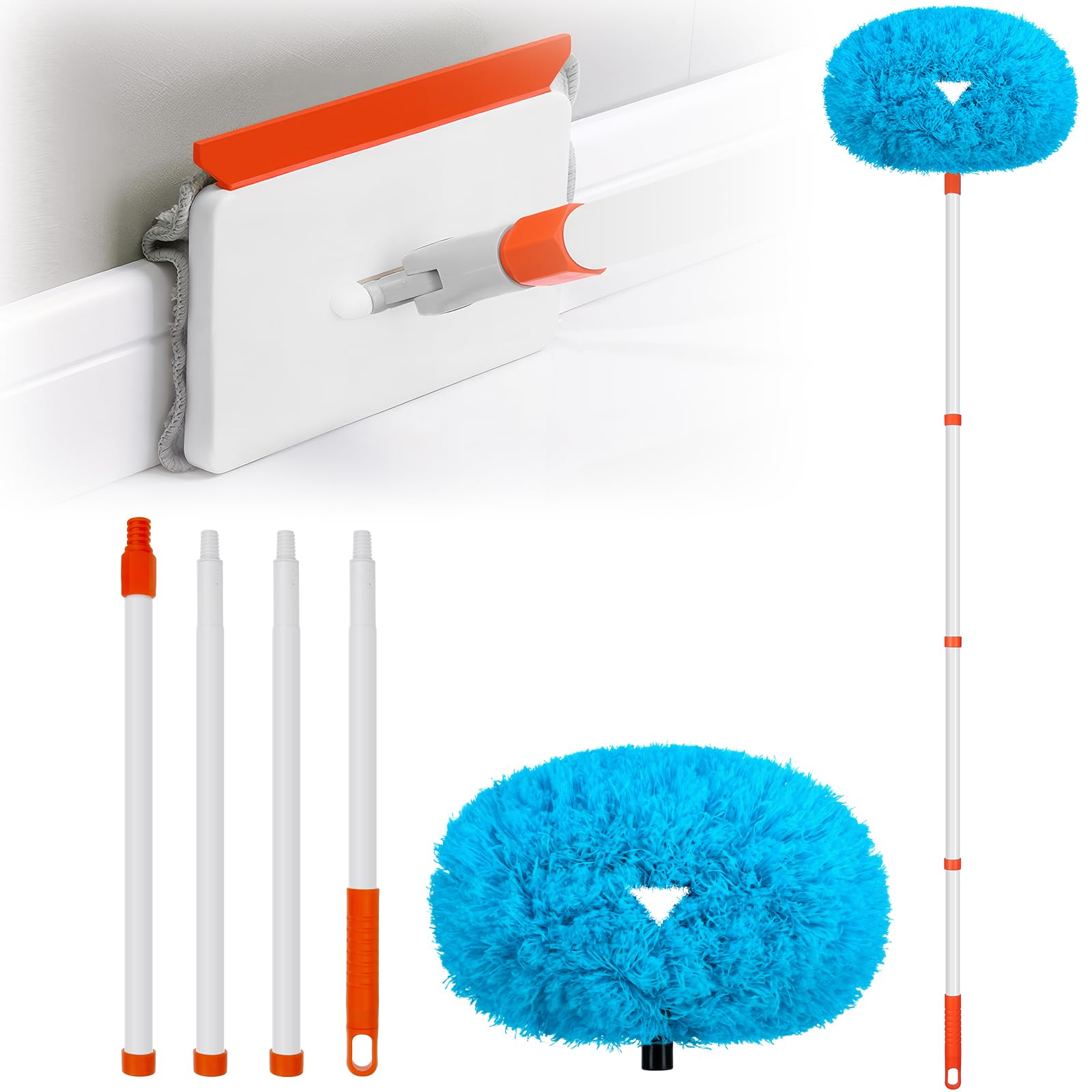 Outil de nettoyage de plinthe bleu avec long manche extensible et coussinets