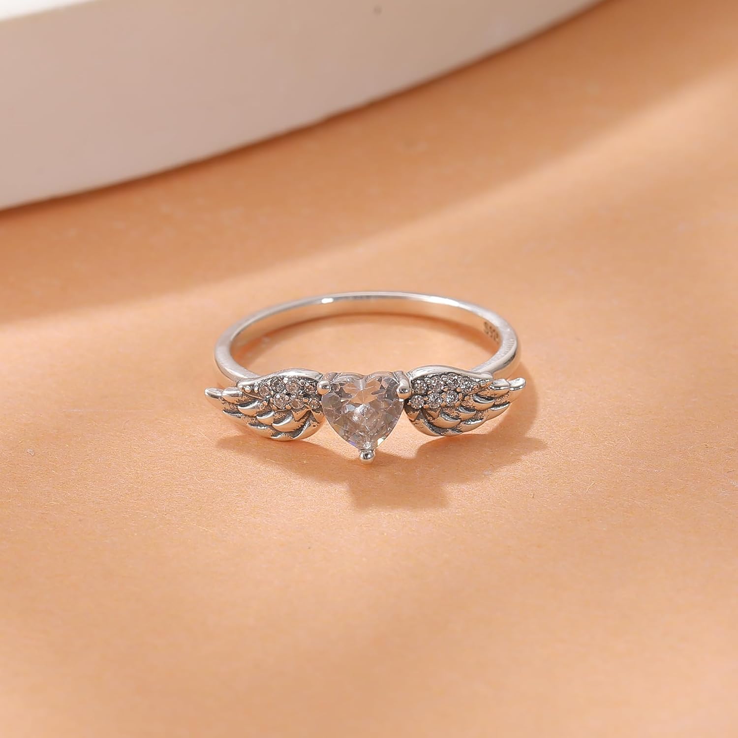 Love Heart Feather Rings for Women 925 Sterling Silver Pink Birthstone Crystal CZ Promise Ring for Her Heart Cut Simulated Diamond Angel Wing Eternity Ring Jewelry Gifts to Daughter - Image 6