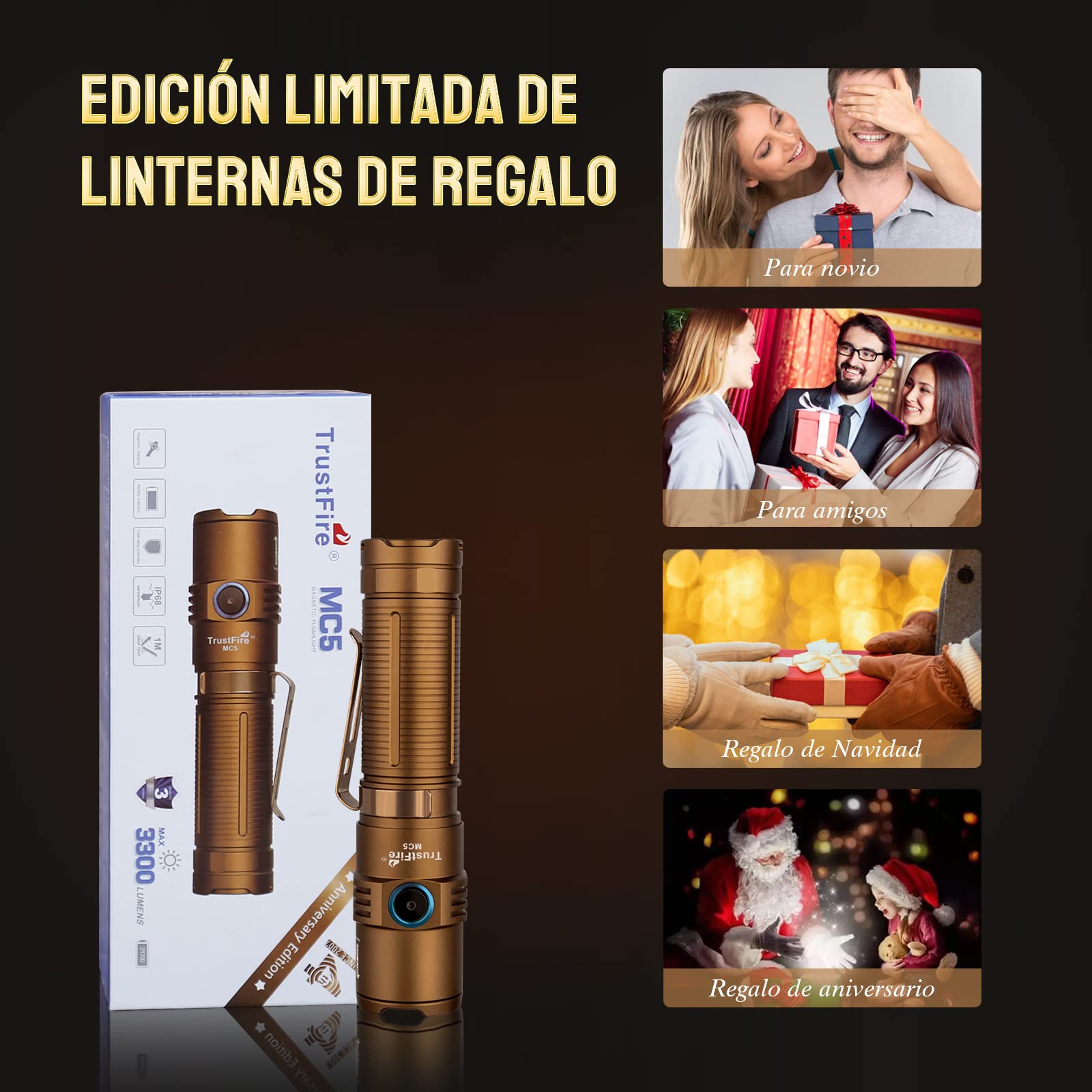 TrustFire MC5 Linterna, Linterna Led Recargable de 3300 Lúmenes, Más Brillante Linterna Táctica, Linternas LED Alta Potencia IPX8 Impermeable, Linterna de Caza con 5 Modos - Desierto Amarillo