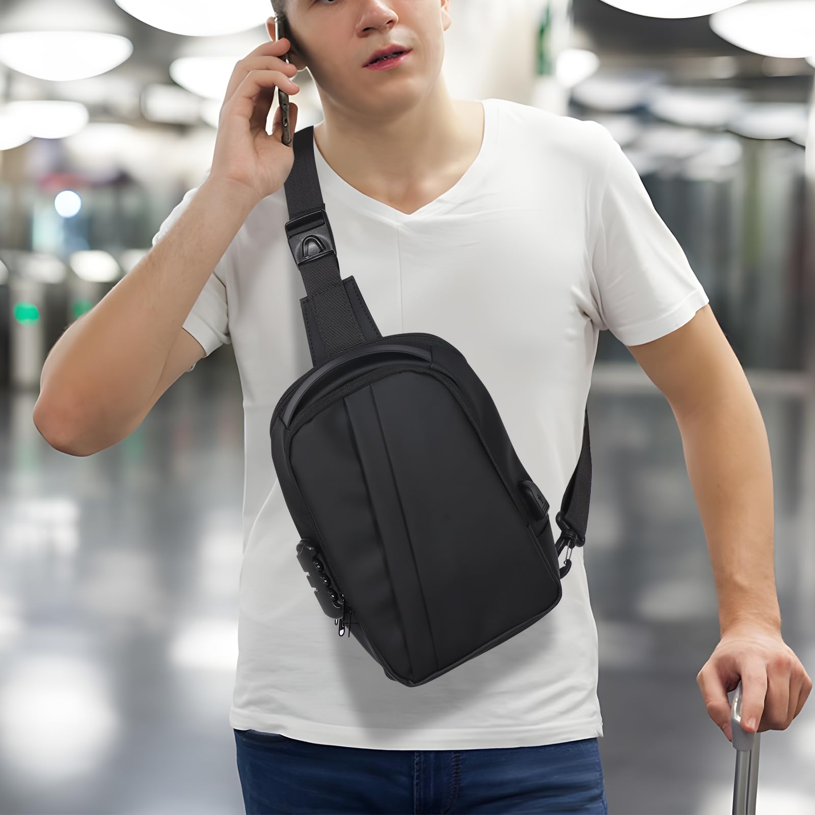 Geestock Zaino Monospalla Uomo con Lucchetto con Password, Borsa a Tracolla Impermeabile, Borsello Piccolo a Tracolla per Viaggio, Lavoro e Affari