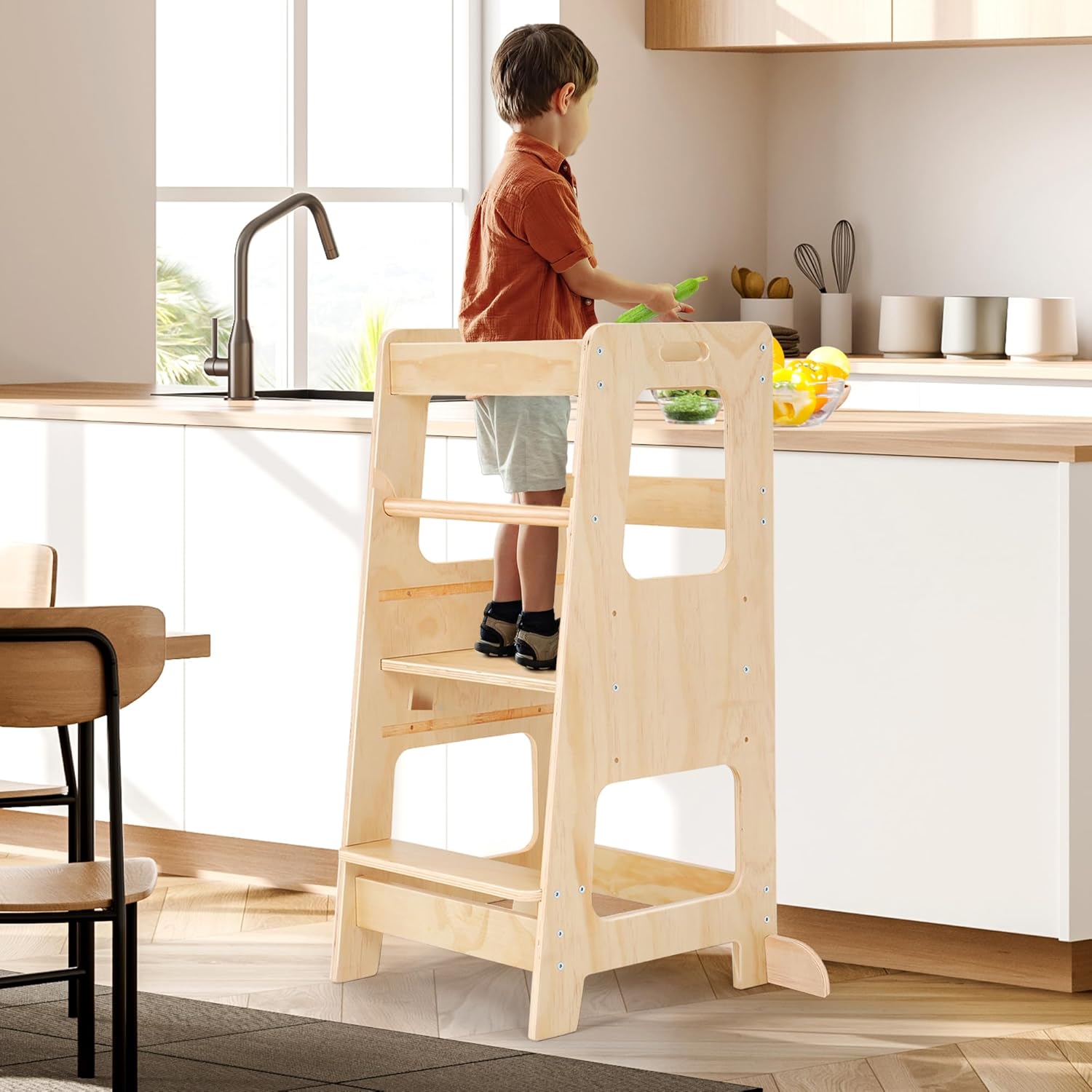 Rengue Standing Toddler Tower with Safety Rail, 3-Level Height Adjustable Kitchen Step Stool Helper for Kids, Learning Tower for Bathroom & Kitchen Counter