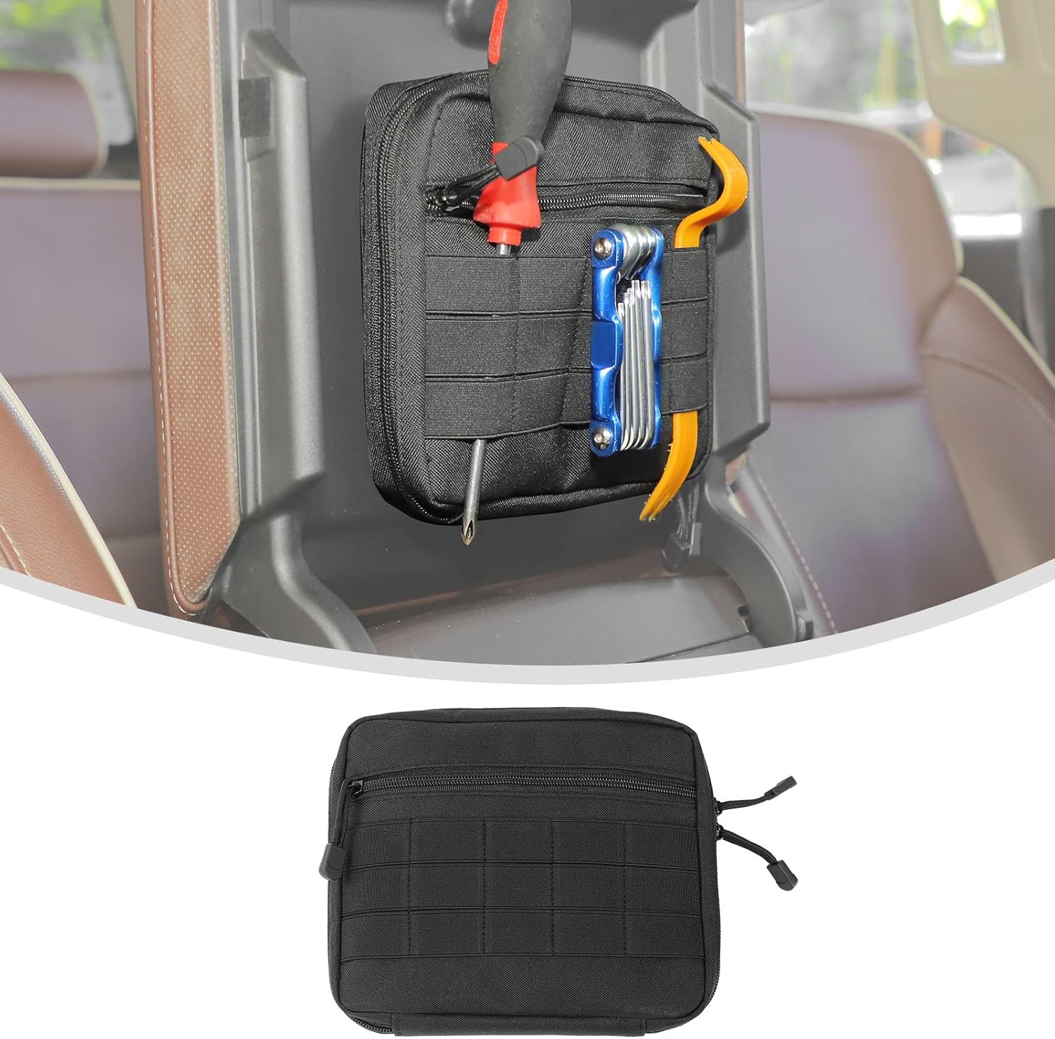 Linskip Car Center Console Tool Bag, Multi-Purpose Work Bag with Molle Webbing, Console Armrest Organizer for Cars, SUV & Truck, 600D Oxford Cloth, 8" X 9"