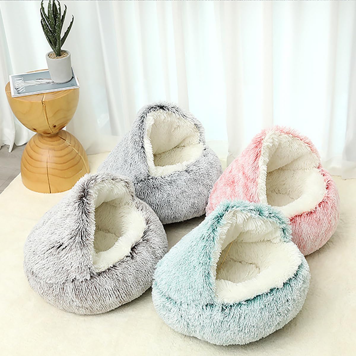 Grotte apaisante pour chat, chien et chaton en peluche moelleuse - Sac de couchage chaud en forme de tente, igloo d'intérieur chaud (vert, 80 cm)