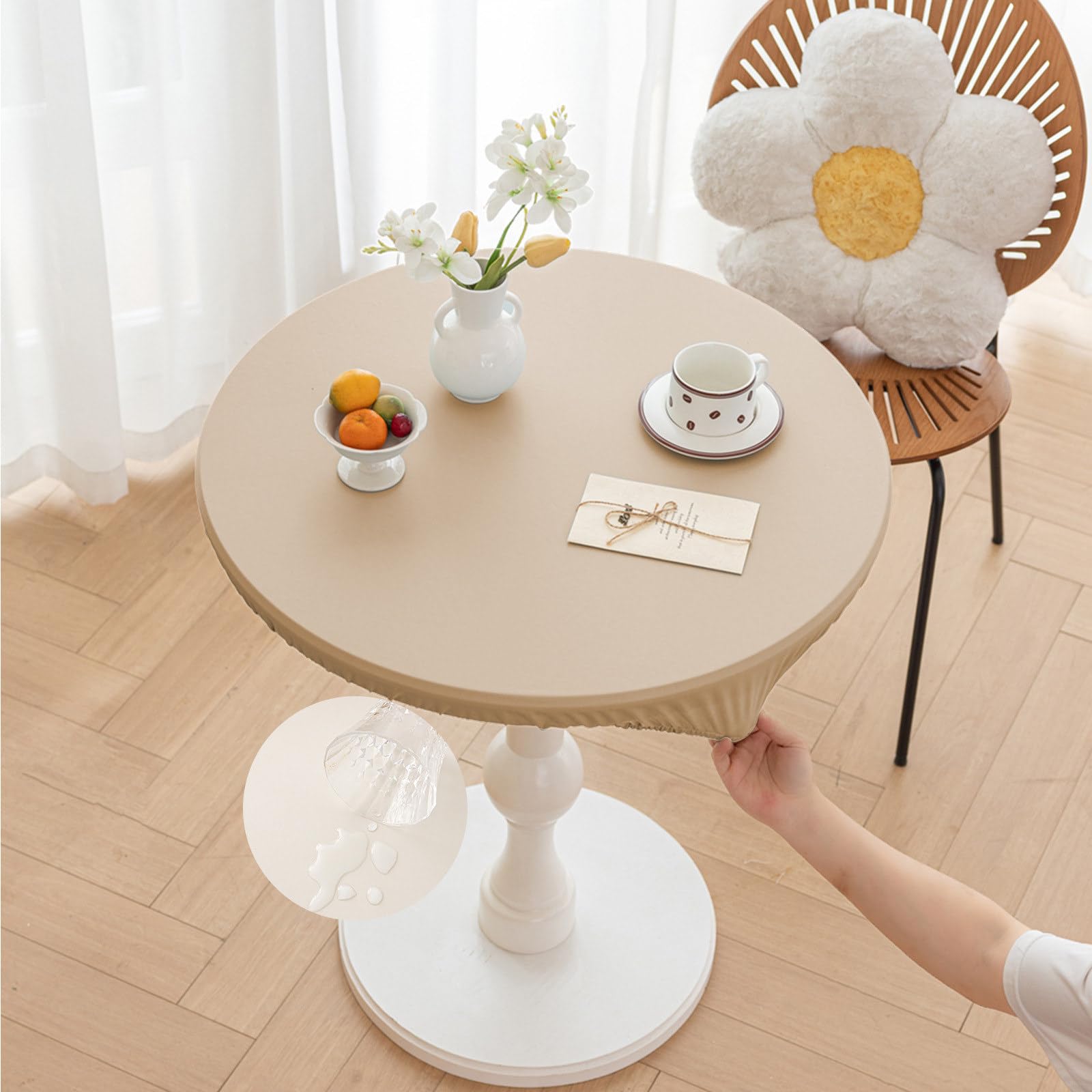 Morbuy Round Tablecloth Outdoor Wipe Clean Waterproof PU Leather Table Cloths Stain Resistant Wipeable Kitchen Table Cover with Elastic Edges for Home Party (Khaki,Table Diameter 140cm)