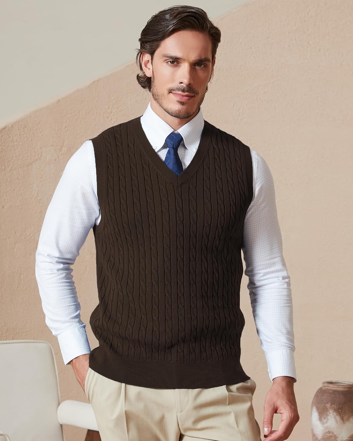 Kallspin Men’s Cable Knit Sweater Vest Pure Cotton V-Neck Sleeveless Knitted Pullover for Fall Winter - Image 7