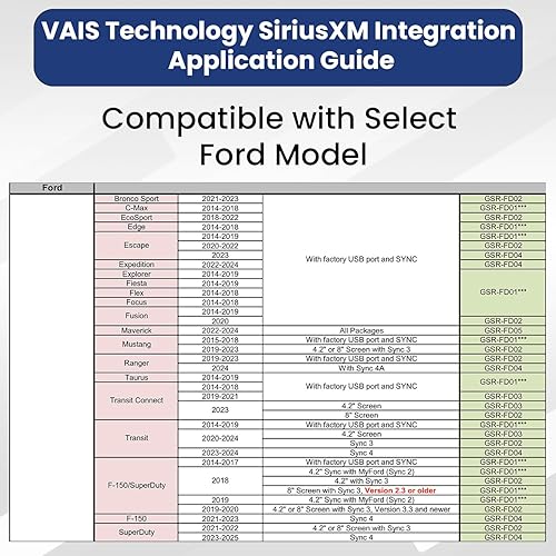Miniatura 4 de VAIS Technlogy GSR-FD04 SiriusXM Adaptador adicional de radio satelital a radios Ford de fábrica existentes