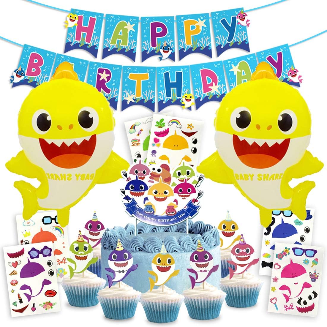 Kreatwow Shark Birthday Decoration Supplies Kit for First Second Third Birthday Banner Baby Shower Cupcake Toppers, Balloons, Shark Stickers