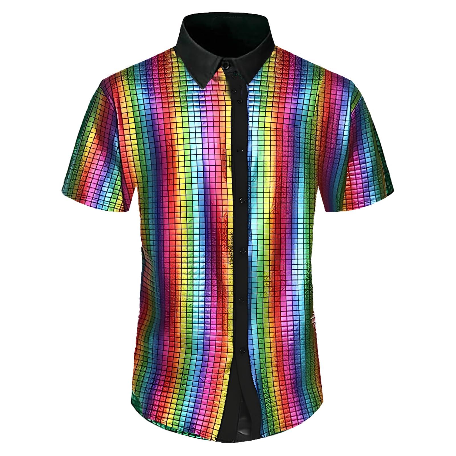 JIAHG Chemise à Pailletes Homme Disco à Manches Courtes Vintage Haut à Sequin Scintillant des années 70 Chemise à Boutons Col à Revers pour Festival de Musique Danse Bal Soirée Carnaval