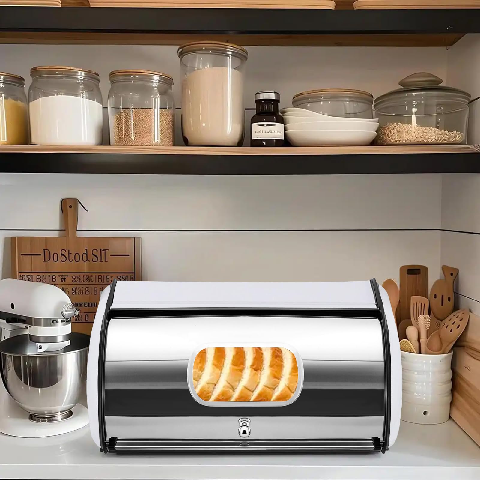 Boîte à Pain Métal Rouge avec Fenêtre de Visualisation, Bread Box en Acier Inoxydable à Couvercle Roulant, Boîte de Conservation pour Pain et Viennoiseries