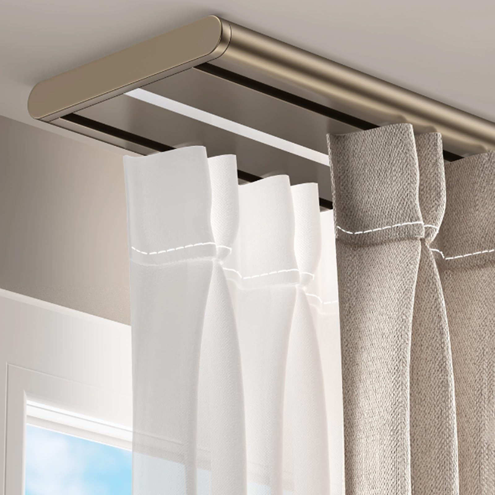 Curtain Conjoined Double Track Customize Length Ceiling Mounting Heavy-Duty Curtain Rails For Living Room Bedroom Room Divider(Champagne,9.2FT/280CM)