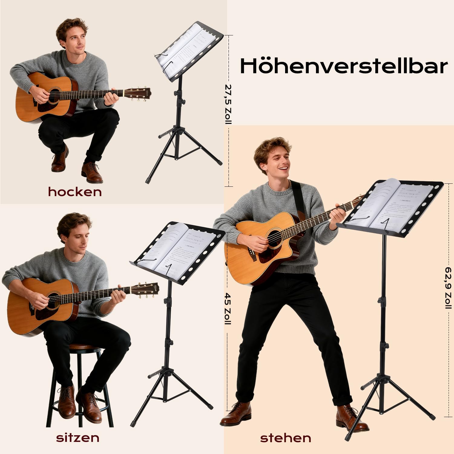 Orchesterpult Lochblech Notenständer Stabiler faltbar, höhenverstellbar von 70cm bis 160cm Metall-Ständer, Notenpult für dicke Bücher, Tablets und Notenblätter mit Notenklemmen und Ablage, Schwarz