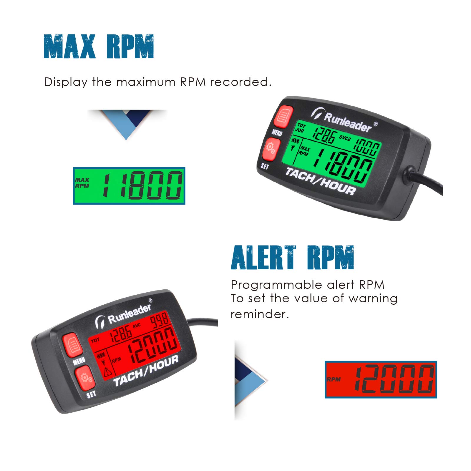 Runleader-Betriebsstundenzähler-Drehzahlmesser, Wartungserinnerung, Alarmdrehzahl, voreingestellte Anfangsstunden für ZTR-Mähergenerator-Marine-ATV und gasbetriebenes Gerät.(Button-RD)