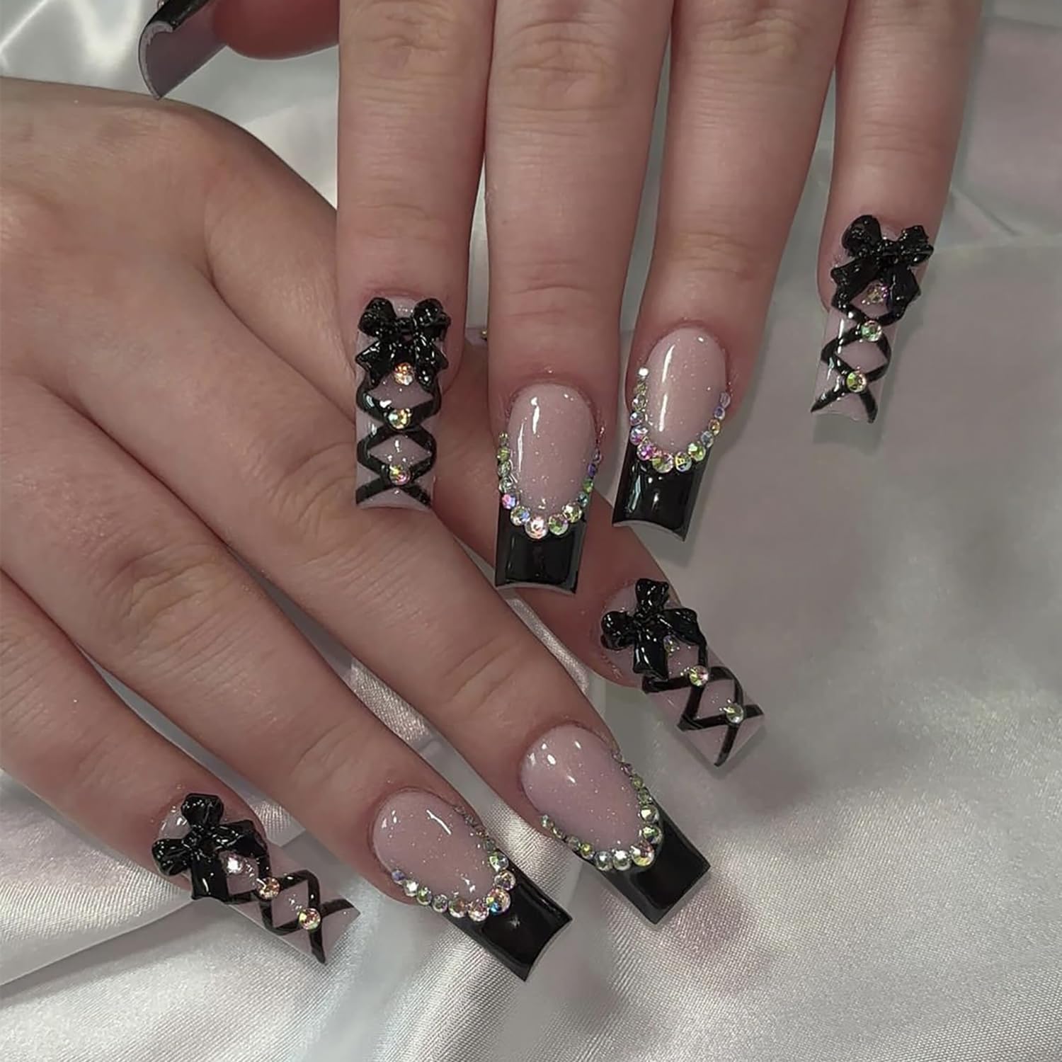 Black French Tip Press on Nails Medium Square Fake Nails with Rhinestone Nails Tip Design Glue on Nails Full Cover Acrylic Nails 3D Bow False Nails